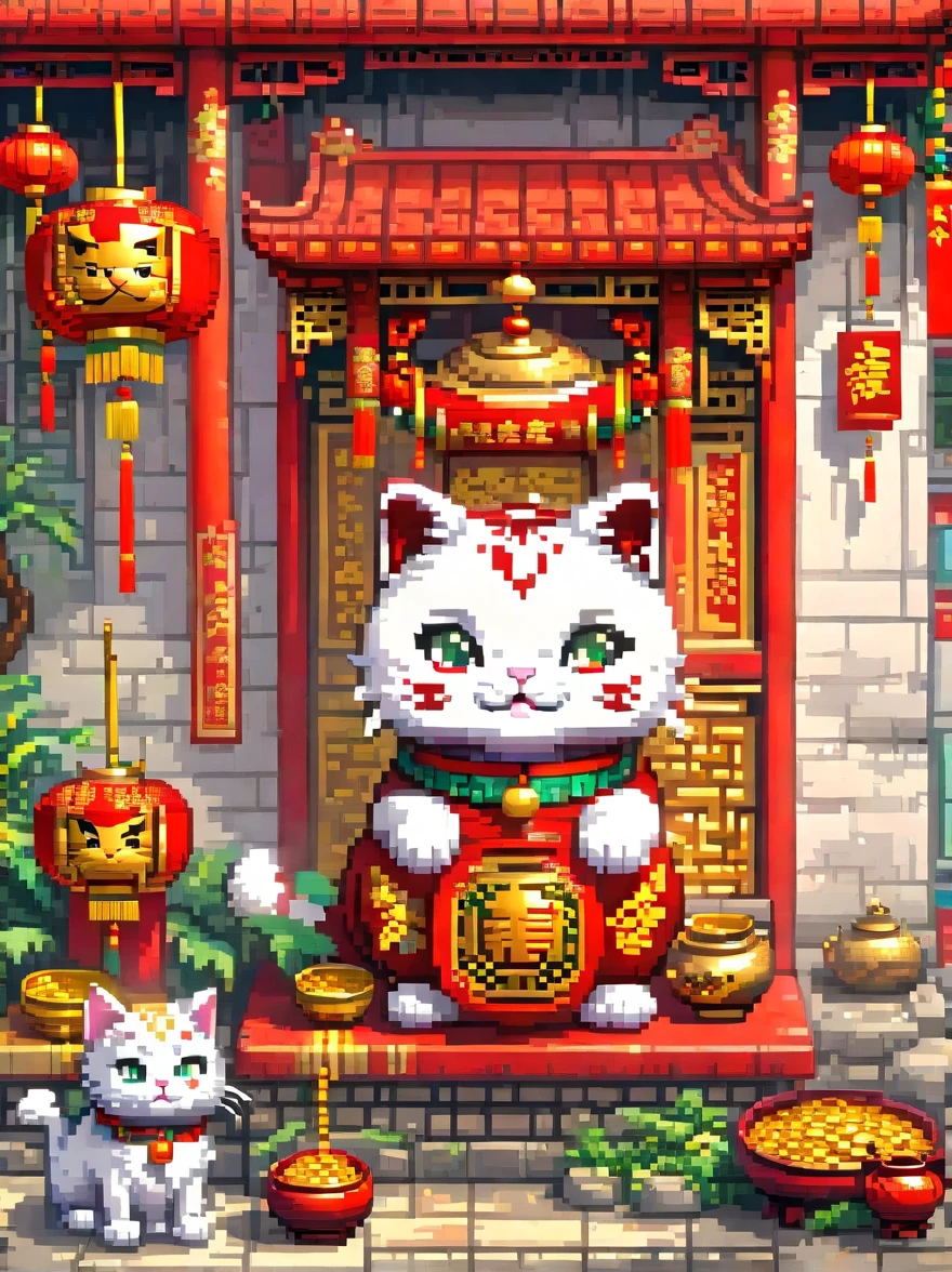 (pixel art:1.5),(((Lucky Cat))),white cat,Holding gold ingot gold coins,Wearing golden bells,raise front paw,splendid,Background full of gold coins,magnificent,Chinese traditional lion dance scene,bright red tone,(personification:1.3),Super cute