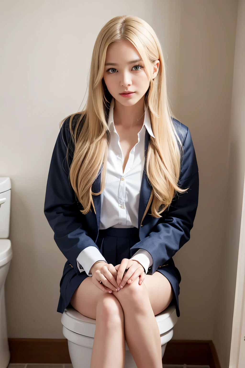 highest quality, masterpiece, 8k, ultra high resolution, (realistic: 1.4), 1 girl, beautiful face, symmetrical eyes, big, perfect body proportions, ((long hair))、((blonde)), high school girl、(high school uniform)、the gaze of the beholder, (toilet、toiletの個室: 1.5), Front view, Absolute area (1.3),friendly smile、cowboy shot