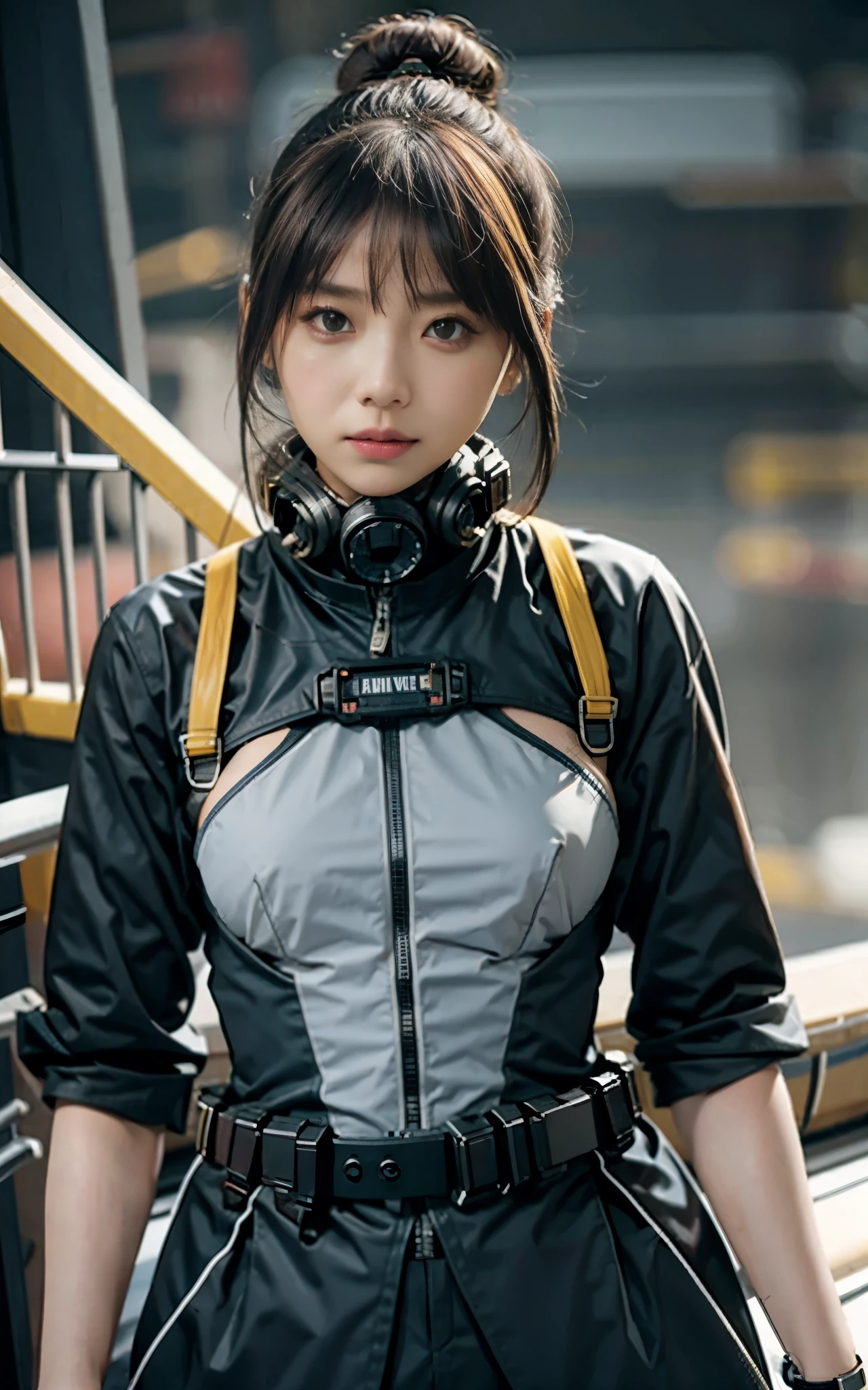Highest image quality, outstanding details, ultra-high resolution, (realism: 1.4), ((close up:0.75)), highly condensed 1 lady, with beautiful and a delicate face, perfect proportion, aiming the viewer, ((aiming the viewer)), (chubby:0.3, small breasts), (cloths color base ratio black:0.4 white:0.5 other-color:0.1), (wearing rash-guard likes police uniform, black and gray mecha, wearing high-tech heavy gasmask, military harness, holding a machinegun, carrying hich-tech-flamethrower -tank on back), captain, background simple gray wall,