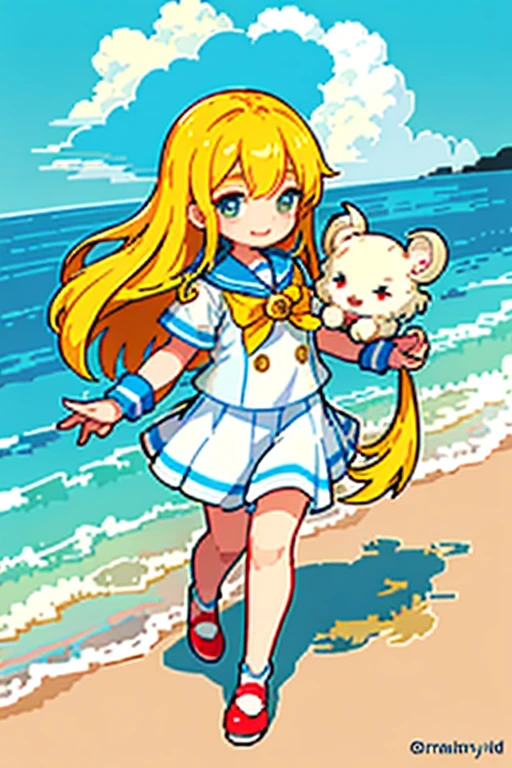 In this enchanting pixel art, a jovial Ram dons a classic sailor suit, complete with red and white stripes, a shiny collar, and a golden button at the chest. The Ram's eyes gleam with playful curiosity as he gazes out towards the horizon, a captivating smile gracing his lips. The background is a beautiful scene of the sea, filled with azure waters and gentle waves that ripple towards the shore. Radiant sunlight filters through the sky, casting warm hues over the scene, as if inviting us to take a joyous adventure.

The sailor suit's details are masterfully crafted, with each stitch meticulously rendered in pixels