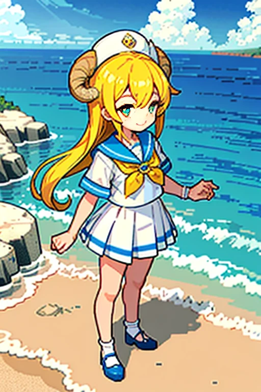In this enchanting pixel art, a jovial Ram dons a classic sailor suit, complete with red and white stripes, a shiny collar, and a golden button at the chest. The Ram's eyes gleam with playful curiosity as he gazes out towards the horizon, a captivating smile gracing his lips. The background is a beautiful scene of the sea, filled with azure waters and gentle waves that ripple towards the shore. Radiant sunlight filters through the sky, casting warm hues over the scene, as if inviting us to take a joyous adventure.
The sailor suit's details are masterfully crafted, with each stitch meticulously rendered in pixels