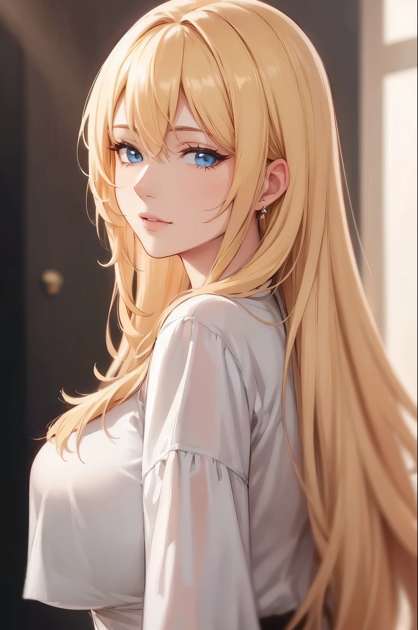 (best quality, highres), portrait, mature woman, blue eyes, long hair, swept-side bang, [[brown hair]], (blonde hair), big breast, high resolution cg 8k, beautiful cg