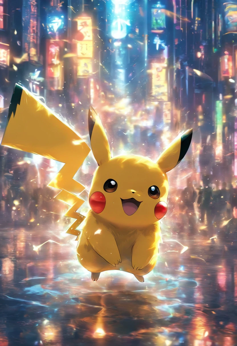 Pikachu is the embodiment of shining lightning.、He&#39;s the only one dancing in front of the candy store.。The lightning-shaped tail expresses the complex refraction of light.、Exudes an otherworldly beauty。Vibrant colors and exquisite detailaking this image a truly mesmerizing work of art.。Nostalgic style and bright colors、High resolution、high detail、surreal style、octane render、Unreal Engine 5 style、3D model、8 k、HDR