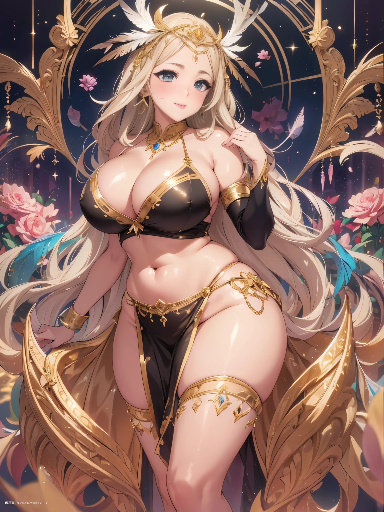 過去最高のmasterpiece、beautiful美しさ, 3D two-dimensional, rich, blonde, skirt, stockings, high heels, star、(Highly detailed CG Unity 8k wallpaper),(masterpiece), (highest quality), (Super detailed), (best work),(best shadow), (sharp eyeliner, eye shadow, fine eye:1.1), (超High resolution,realistic,realistic),(8k,RAW photo),mature woman、sensual curves、huge breasts、thighs、bubble、お尻のmasterpiece, full body shot, beautiful女性, enchanting smile, thick lips, chubby lips, blush, looking at the viewer, provocative expression, beautiful髪型, cleavage, Plump、curvaceous hips、attractive face、sexy dress、an inviting gaze、expression of emotions、(((erotic dress)))、gorgeous accessories 、big breastsの女性, golden hair, colored feather, metal ornaments, colored flowers, particle, light, (1 girl:1.3),(fractal art:1.1),(colorful:1.1)、(flowers:1.3),most detailed,(tangled:1.2), (dynamic pose), (abstract background:1.3), (shiny skin), (lots of colors :1.4), ,(earrings:1.4), (feather:1.4),masterpiece, highest quality, Super detailed, 30~40 years, full body shot, beautiful 、various hairstyles,gold headband,plump breasts,beautiful butt,greek clothing,Tulle covers the chest,perfect balance, costume details details,marble,cinematic lighting, film grain, high detail, openwork decoration,(((colorfulな最高級ドレス)))、(((解剖学的に正しいbody))) ,big breasts,cowboy shot, blush, (((1 girl))), perfect face, (((highest quality))), (Super detailed), detailed face and eye, (alone), High resolution、beautifuleye,(((sexy pose)))、(((整ったbig breasts)))、((beautiful eye))、luxury、(((超High resolution)))、(((detailed description)))、(((ぽっちゃりbody型)))、(((解剖学的構造に一致したbodyの部位)))、beautiful長いまつ毛、バランスのとれたbody型,The legs and arms are just the right size、Fishnet tights、glamorous、(((Clear white and black eye)))、lipstick、Sparkling、(Undistorted face, eye, body)、jewelry、gem、(長くカールしたbeautifulまつ毛)、(((バランス良いbeautiful胸)))、(transparent, Exquisite skin:1.2)、(((完璧なglamorousボディー)))、actress face、Super beautiful、cute smile、Healing beauty、flower shower、(((完璧なeye)))、realistic depiction、super sexy、shiny、glamorous、double eyelids、Excellent dark correction、(((ぼやけていないeye)))、(((Plump face)))、cute face 、(((shiny輝く肌))) 、(((gorgeous long dress)))