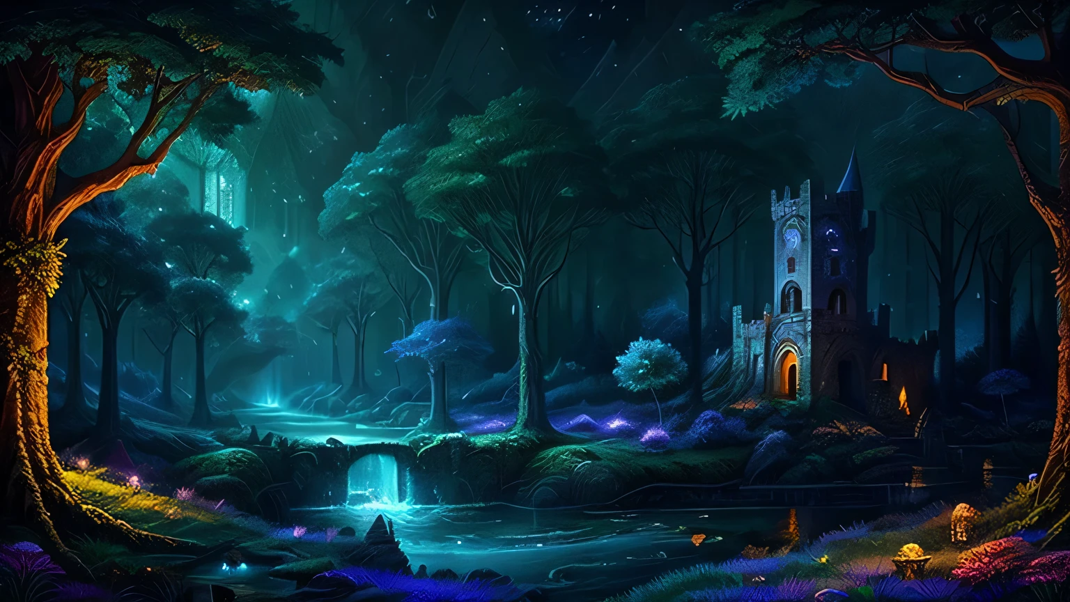 masterpiece, landscape with depth, starry sky, lots of stars, night view, european castle, picture of a tree with a bridge, ancient ruins, magic tree, magic highly detailed fantasy, Made of trees and a fantastic valley, highly detailed fantasy, fantasy tree, magical world. colorful, detailed dreamscape, cosmic tree of life, fantasy magic plants, magical landscape, magical fantasy forest, Beautifully detailed fantasy, enchanted magical fantasy forest