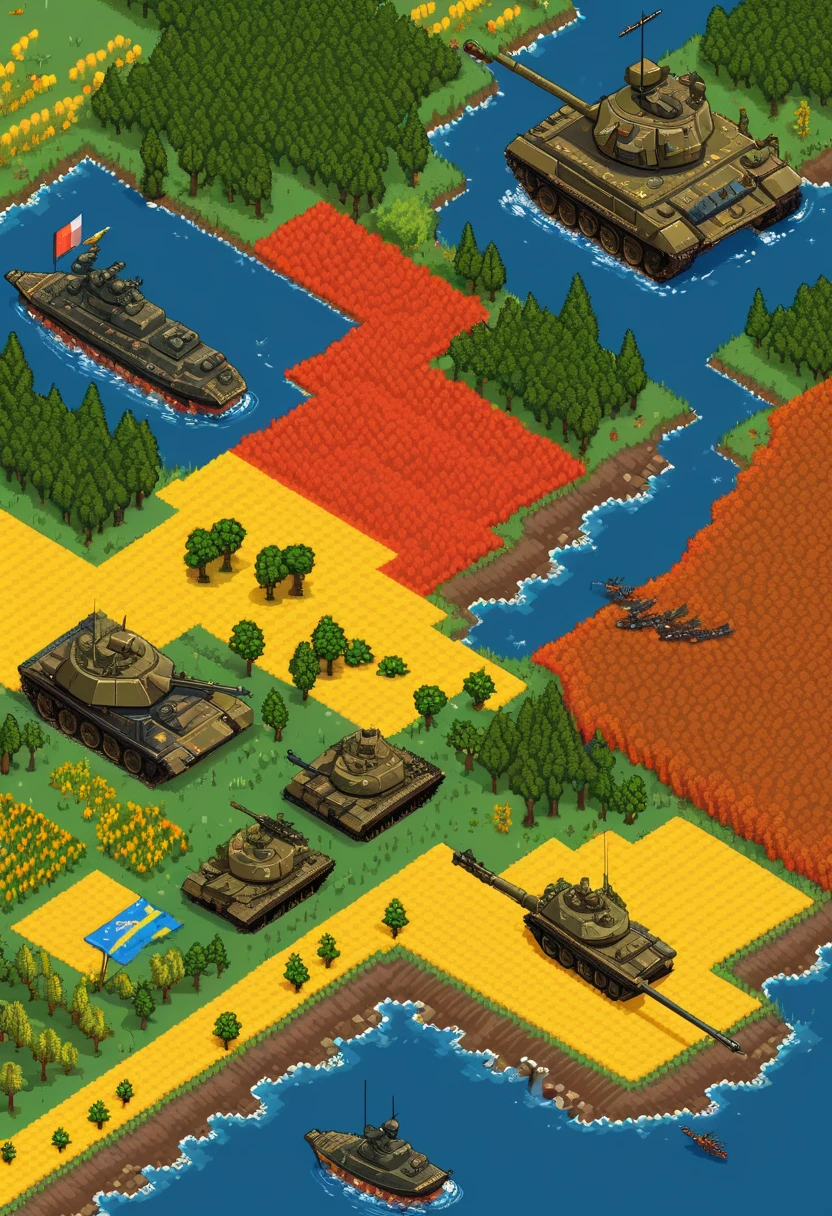 pixel art of detailed war in ukraine and russia