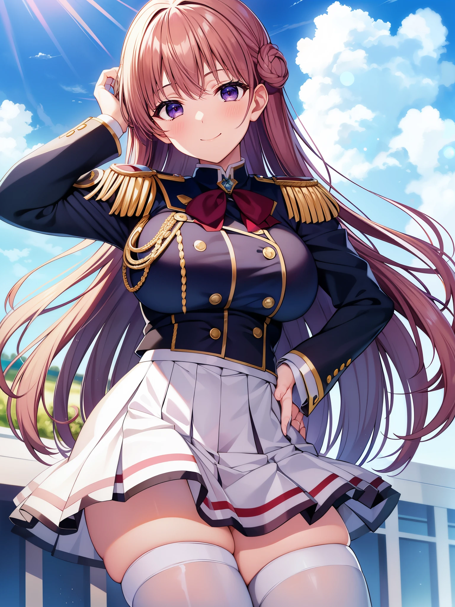 
Walkure Romazze、Noel Mares Ascot Mascot、epaulettes、uniform、pleated skirt、thigh high socks、big breasts、Viewer&#39;s perspective、Upper body、put your hand on your waist、smile、null、cloud