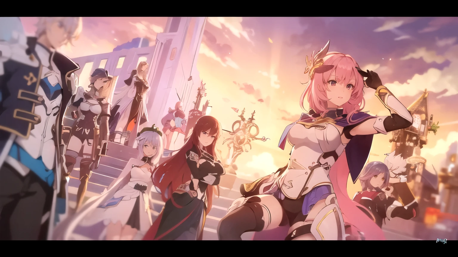 Anime characters standing in front of a building with a sky background., Great fate,  beautiful fantasy anime, fantasy anime, Stunning HD 8k anime shots.