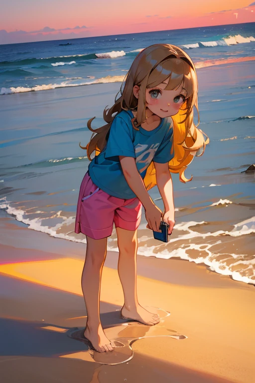 a cute 8  church girl named Anna with a cute 5 year oldmed natalie, both brownish blonde hair, long wavy hair, short sleeved blue wish week tshirt, pink shorts, on a sandy beach, sunset, standing in the sand, slight smile, holding a phone