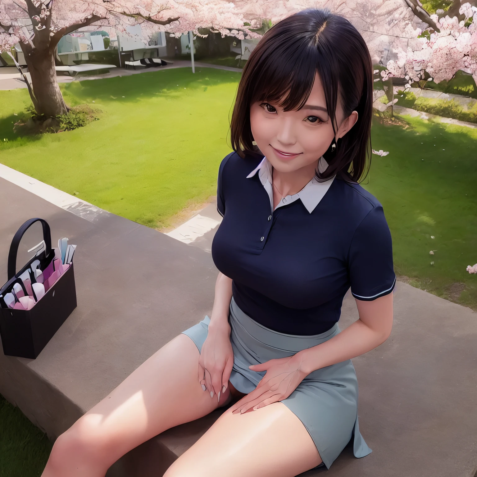 (Anatomically correct body:1.5), 30 year old lady sitting on the grass, with her knees up, (office uniform,skirt:1.5), (panties:1.2), smiling, Cherry blossom viewing,