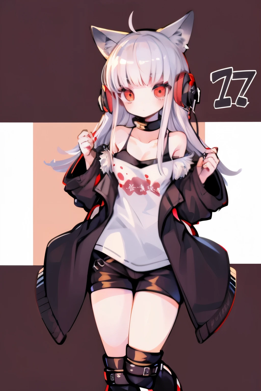 table top, highest quality, High resolution, 1 girl, futaba sakura, sharp bangs, silver hair, red eyes, Ahoge, small breasts, headphones, behind-the-head headphones, white shirt, Jacket, off shoulder, fur trim, ファートリムJacket, 緑のJacket, shorts, thighs thighs, knee high boots,white fox ears，Exact hand shape and number of fingery fingers are hidden by my sleeves))，Close-up,golden hour,An illustration