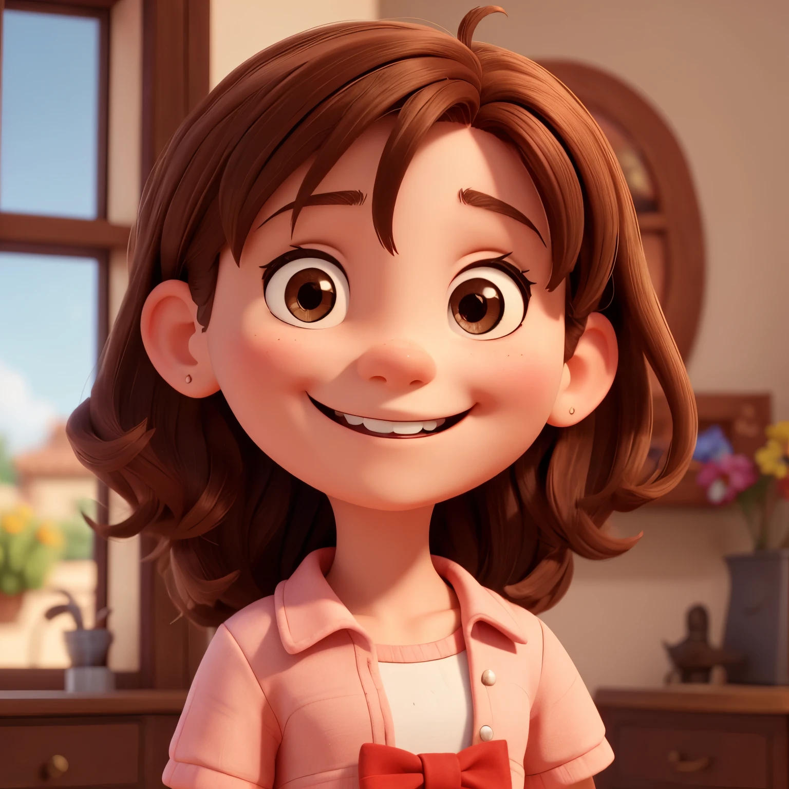 Diney Pixer Style Pixel Girl con pelo largo smiling at the camera, the face is very illuminated, smiling happily at the camera, smiling at the camera, rostro perfectamente iluminado, sonriendo y mirando fijamente, muy levemente sonriendo, Violeta Myers, gran sonrisa en tu cara, with the sun shining on it, muy tonto, she is smiling and excited, she is about 8 years old, has brown hair, with a red bow in her brown hair