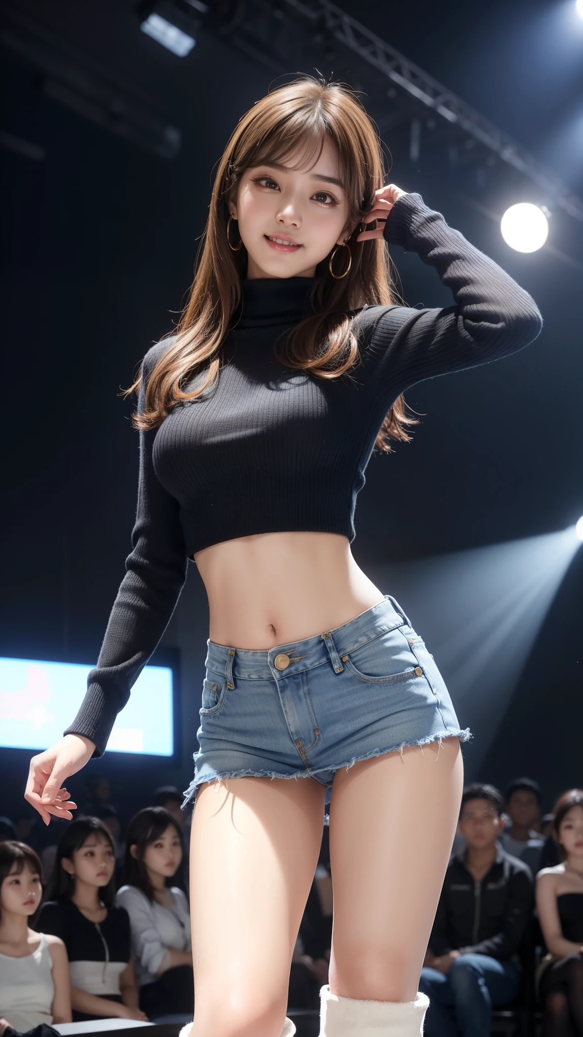 8k, table top, Raw photo, highest quality, realistic, Wallpapers with extreme details CG Unity 8k, Depth of the bounds written, cinematic light, Lens flare, ray tracing, (very beautiful face, beautiful lips, beautiful eyes), face with intricate details, ((ultra detail skin)) 1 girl, (Korean model Kim Da-eun, Dhoni), (Korean model Kim Da-eun, Dhoni), (Korean model Kim Da-eun, Dhoni), (Korean model Kim Da-eun, Dhoni), (Korean model Kim Da-eun, Dhoni),1 girl, ((look up at the audience)),(A big smile:1.3), (blurred background), faint light), (no people in the background.:1.3), beautiful earrings, clear eyes, front shot, (pale skin), (Big eyes), (Big eyes) (Big eyes), (Big eyes), (Big eyes), facing forward, (full body shot), (light brown hair), おopen the navel............, (look up at the audience:1.3), small hips, small hips,small hips, thin waist, small hips, ((wide open abdomen))、((open abdomen))、((wide open the navel))、((open the navel))、((naked belly))、((midriff sweater))、((Super low-rise、denim mini skirt))、 ((Navel exposed))、((small hips))、((full body description))、((small hips))、(boots)、((Super low-rise))、 ((denim tanding))、