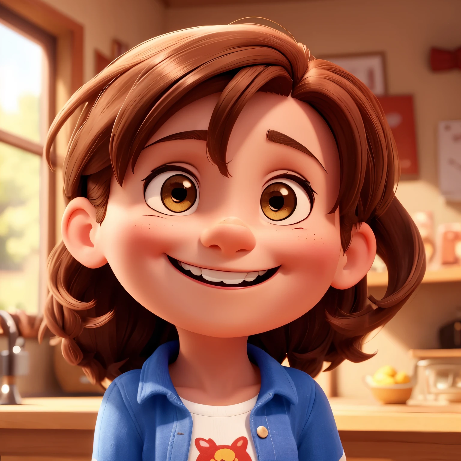 Diney Pixer Style Pixel Girl con pelo largo smiling at the camera, the face is very illuminated, smiling happily at the camera, smiling at the camera, rostro perfectamente iluminado, sonriendo y mirando fijamente, muy levemente sonriendo, Violeta Myers, gran sonrisa en tu cara, with the sun shining on it, muy tonto, she is smiling and excited, she is about 8 years old, has brown hair, with a red bow in her brown hair