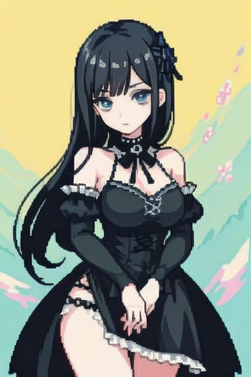 perfect eyes, perfect face, perfect lighting, 1 girl, Mature female goth gal standing with her hands out in front of her, long hair, complicated hairstyle, compensate, black lips, thick eyelashes, sad, melancholy, wearing a goth girl costume, black and white dress, frills, ribbon, plump sleeves, bare shoulders, lace choker, jewelry, peaceful, quiet, Chill, detailed outdoor background, beautiful scenery, fantasy, summer, Sunny, sunburned, flowers, wood 