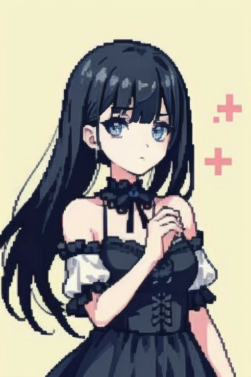 perfect eyes, perfect face, perfect lighting, 1 girl, Mature female goth gal standing with her hands out in front of her, long hair, complicated hairstyle, compensate, black lips, thick eyelashes, sad, melancholy, wearing a goth girl costume, black and white dress, frills, ribbon, plump sleeves, bare shoulders, lace choker, jewelry, peaceful, quiet, Chill, detailed outdoor background, beautiful scenery, fantasy, summer, Sunny, sunburned, flowers, wood