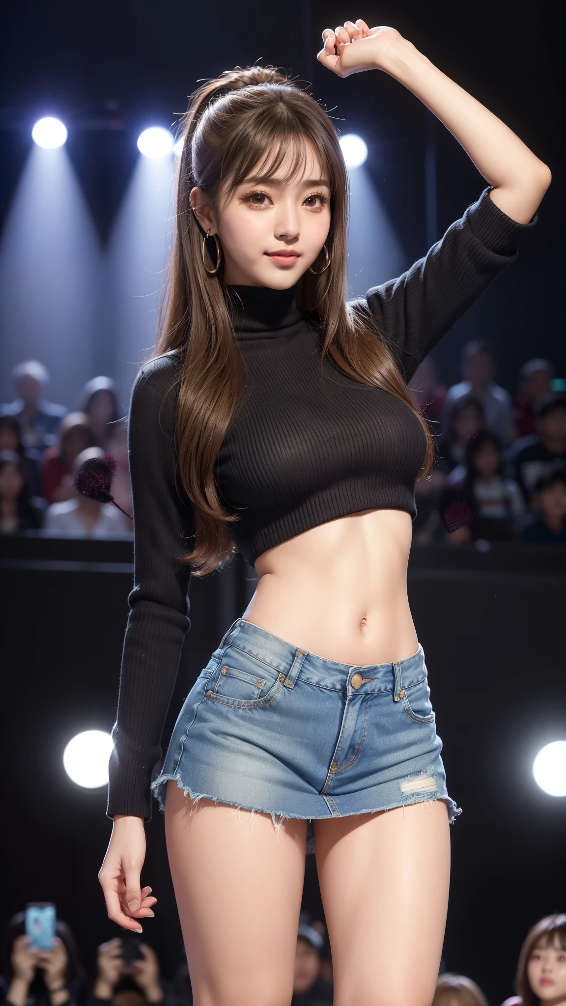 best qualtiy, tmasterpiece, A high resolution,8K,(realisticlying:1.4),超A high resolution,1girll, ultra - detailed, hyper realisitc, highly detailed CGillustration, offcial art, cinematric light, Realistis, Young and beautiful girl, perfect body figure, perfect body figure, full pov, Perfect body, (Starting below:1.3), lewd poses, long sexy legs, self-assured, Beautiful Sexy, Gray short sleeves, Open abdomen, Black super shorts, S-shaped body, Upturned buttocks,posing on a,Pose,Different Perspectives,atmospheric distance sense,facing to audience,full body shot shot,