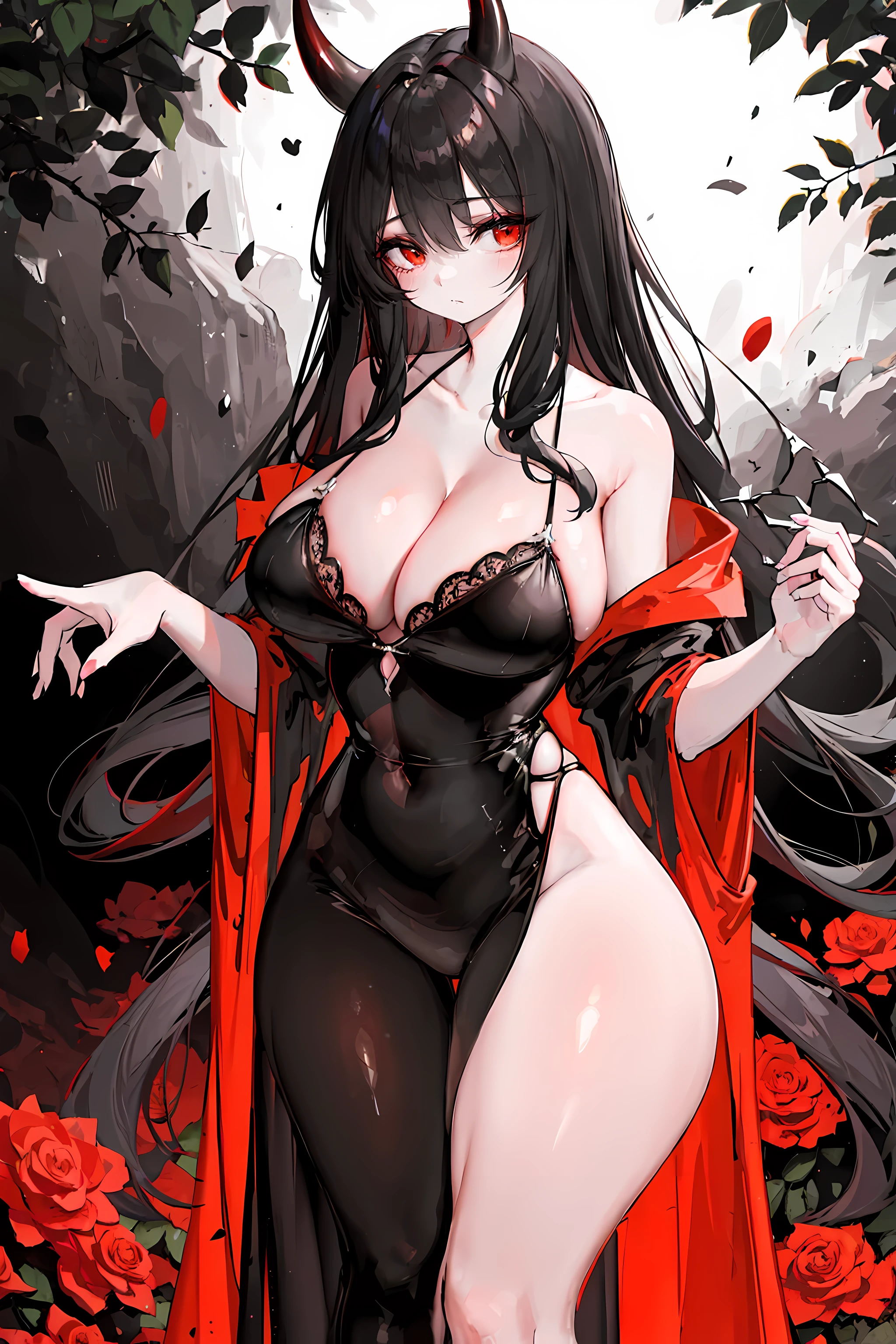 (8k,high resolution,masterpiece:1.2),devil girl,red corner,beautiful and delicate eyes,Beautiful and delicate lips,Extremely detailed eyes and face,long eyelashes,Sexy long black hair,fiery red eyes,Wearing a dark flowing robe,Floating in a misty forest under the moonlight,Red eyes penetrate the darkness,The soft and ethereal light reflects her graceful figure,Subtle shadows dance around her,Red rose surrounded by thorny vines,A sinister yet fascinating presence..,Depicted with dark and dramatic chiaroscuro lighting,Create an unforgettable and charming atmosphere,A clever fusion of traditional oil painting and digital art,evoke a sense of mystery and,Perfectly capturing the beauty and darkness of the enchantress,lace dress,yukata,Lace lingerie