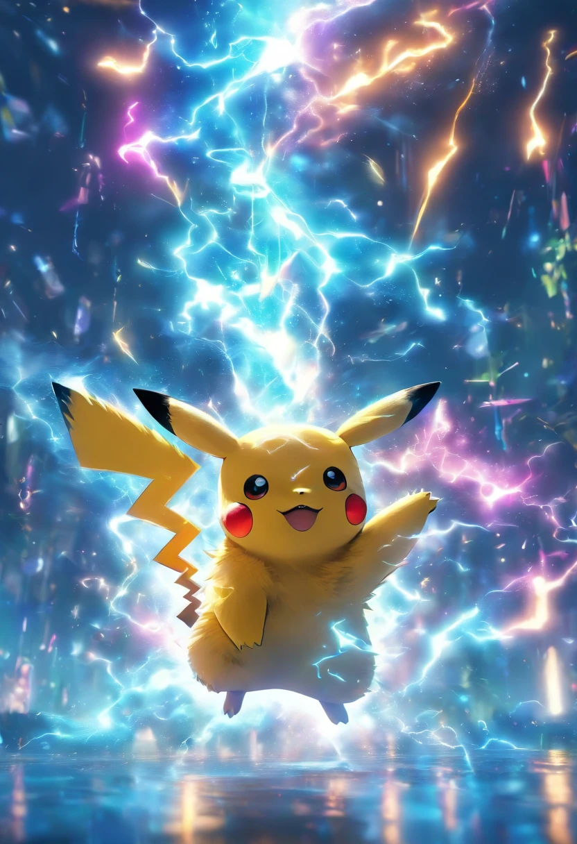 Pikachu is the embodiment of shining lightning.、He&#39;s the only one dancing in front of the candy store.。The lightning-shaped tail expresses the complex refraction of light.、Exudes an otherworldly beauty。Vibrant colors and exquisite detailaking this image a truly mesmerizing work of art.。Nostalgic style and bright colors、High resolution、high detail、surreal style、octane render、Unreal Engine 5 style、3D model、8 k、HDR