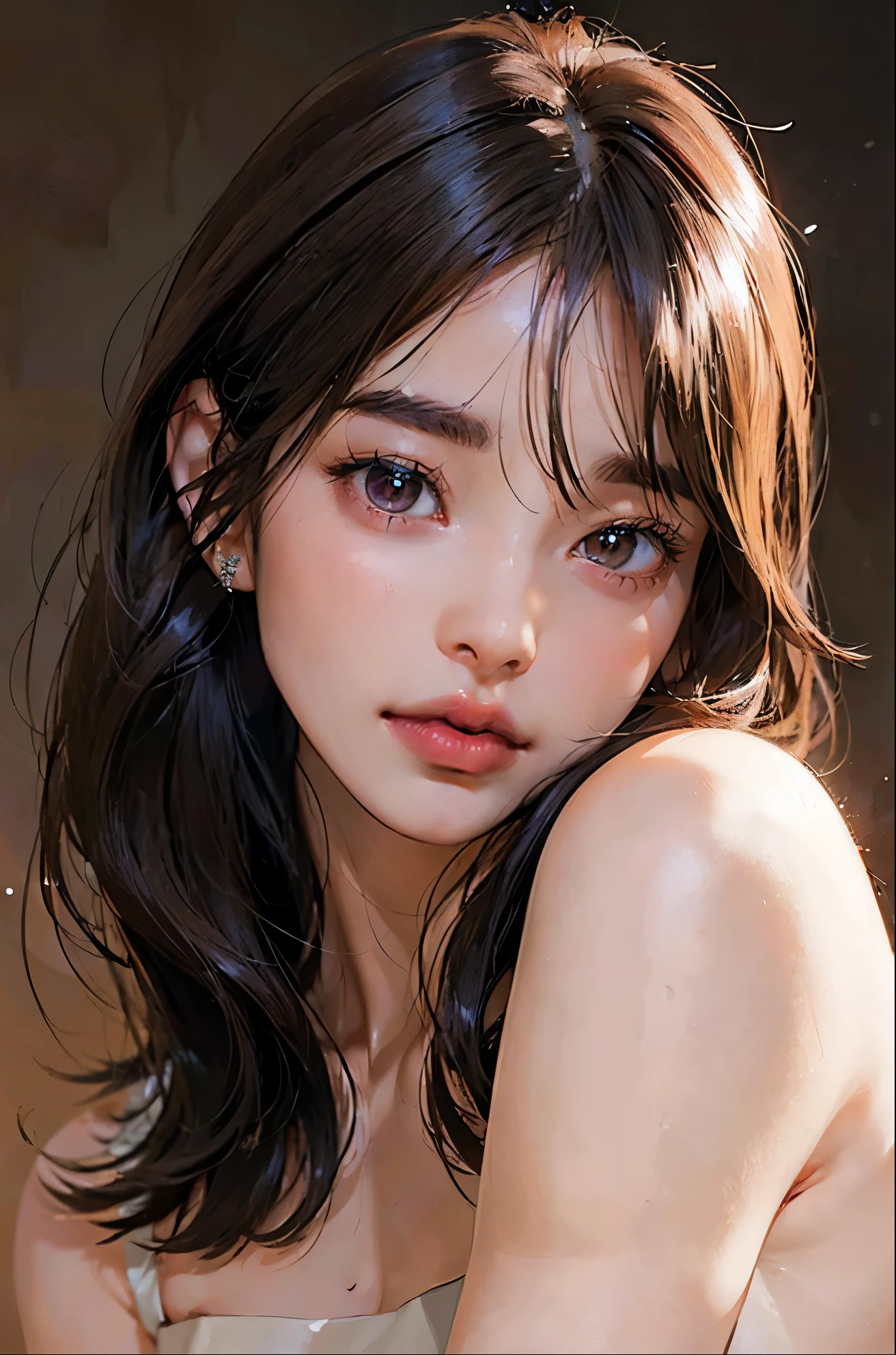 PM, (Purple Latex Suit:1), Golden Fringe Shorthair, Light brown eyes, (Japanese girl),1girl in, 27yr old, Innocence, (Photorealsitic),(top-quality:1.4), (超A high resolution:1.2), 超A high resolution, (A detailed eye), (detailed facial features), (brown eyes), 8k resolution, (lensflare:0.7),Colossal tits,(bushy eyebrows),straight eyebrows,low eyebrows,(thick lips:1.3),(glossy lips:1.3),(lipstick),black hair,wide forhead,(nude),(flat chest),