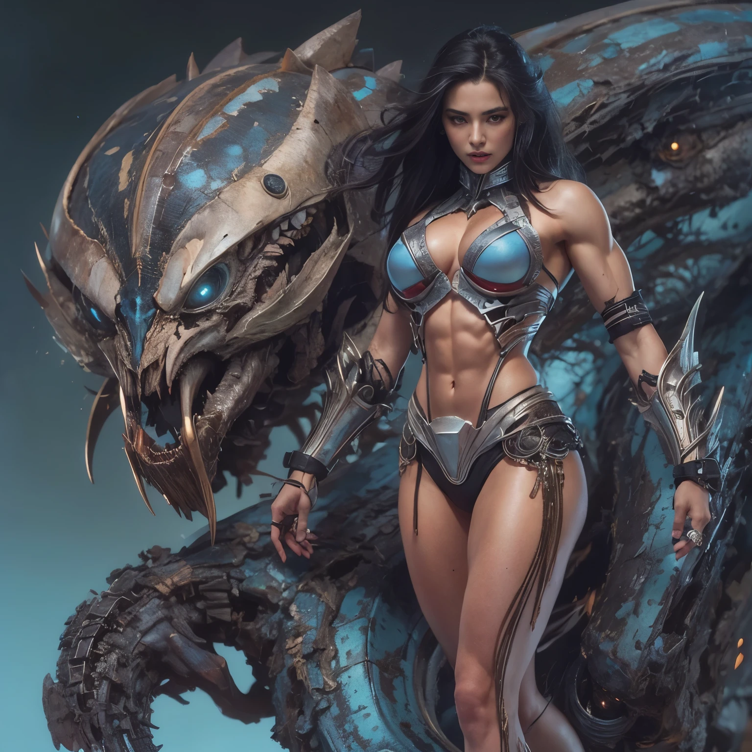 1 female alien, The Predator, warrior, (very beautiful:1.2), (intense gaze:1.4), (Predator:1.1), long dark nails, NSFW,  nipple, thick eyebrows, Shining sky blue eyes, the most beautiful face in the universe, black hair,

A woman with an very beautiful face, her intense gaze fixed on her prey, fundamental power that cannot be denied.

(very beautiful toned body:1.5), (super muscular physique:1.2), (prowl:1.3), (smooth movement:1.4),

her beautiful body, muscular and toned, She moved smoothly and gracefully as she wandered., Ready to attack immediately. The Predator within her was always on