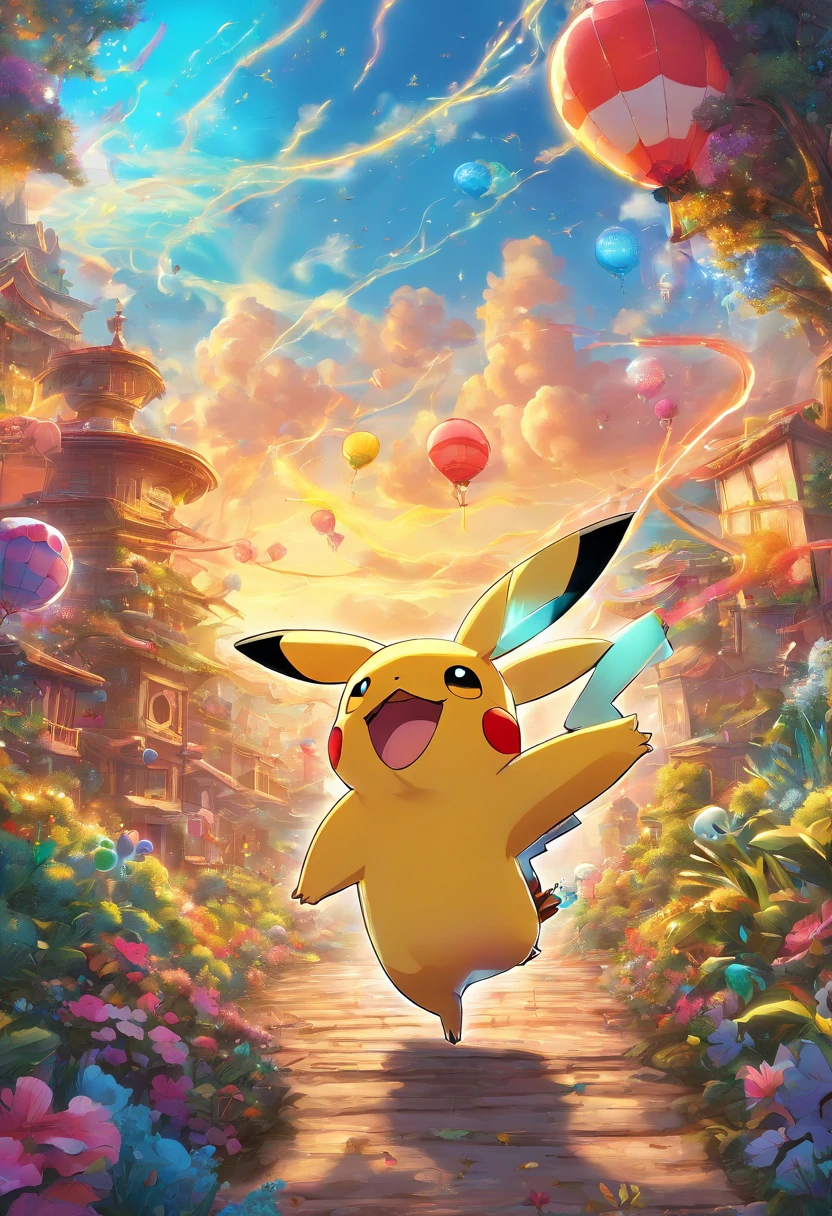 Pikachu is the embodiment of shining lightning.、He&#39;s the only one dancing in front of the candy store.。The lightning-shaped tail expresses the complex refraction of light.、Exudes an otherworldly beauty。Vibrant colors and exquisite detailaking this image a truly mesmerizing work of art.。Nostalgic style and bright colors、High resolution、high detail、surreal style、octane render、Unreal Engine 5 style、3D model、8 k、HDR