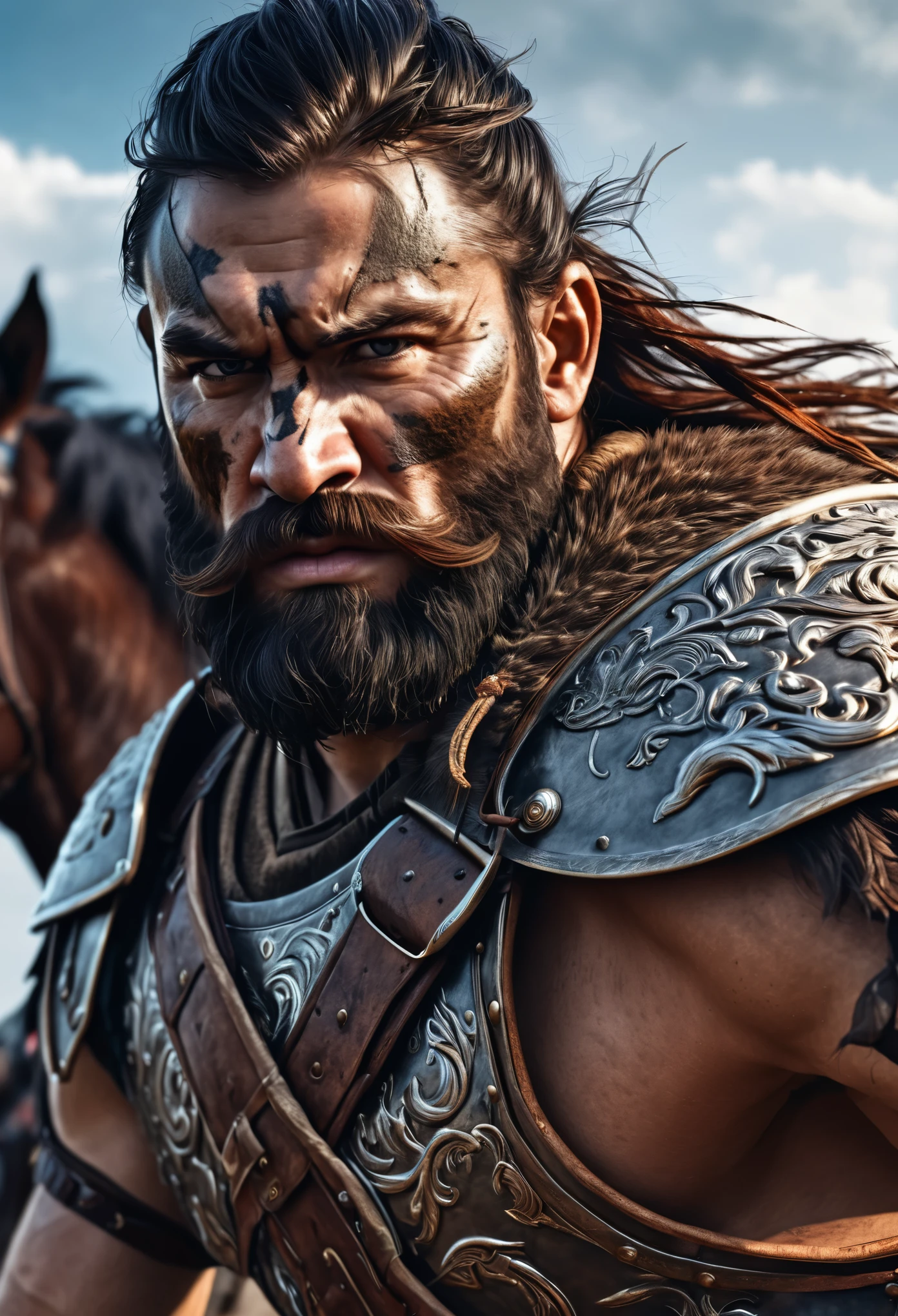 hyper realistic portrait of a barbarian warrior mounted in a horse,raising a sword on a battlefield, 32k resolution, ultra detailed an insane skin texture, gtainy, intricated details, narnia style, cinematic light, epic masterpiece