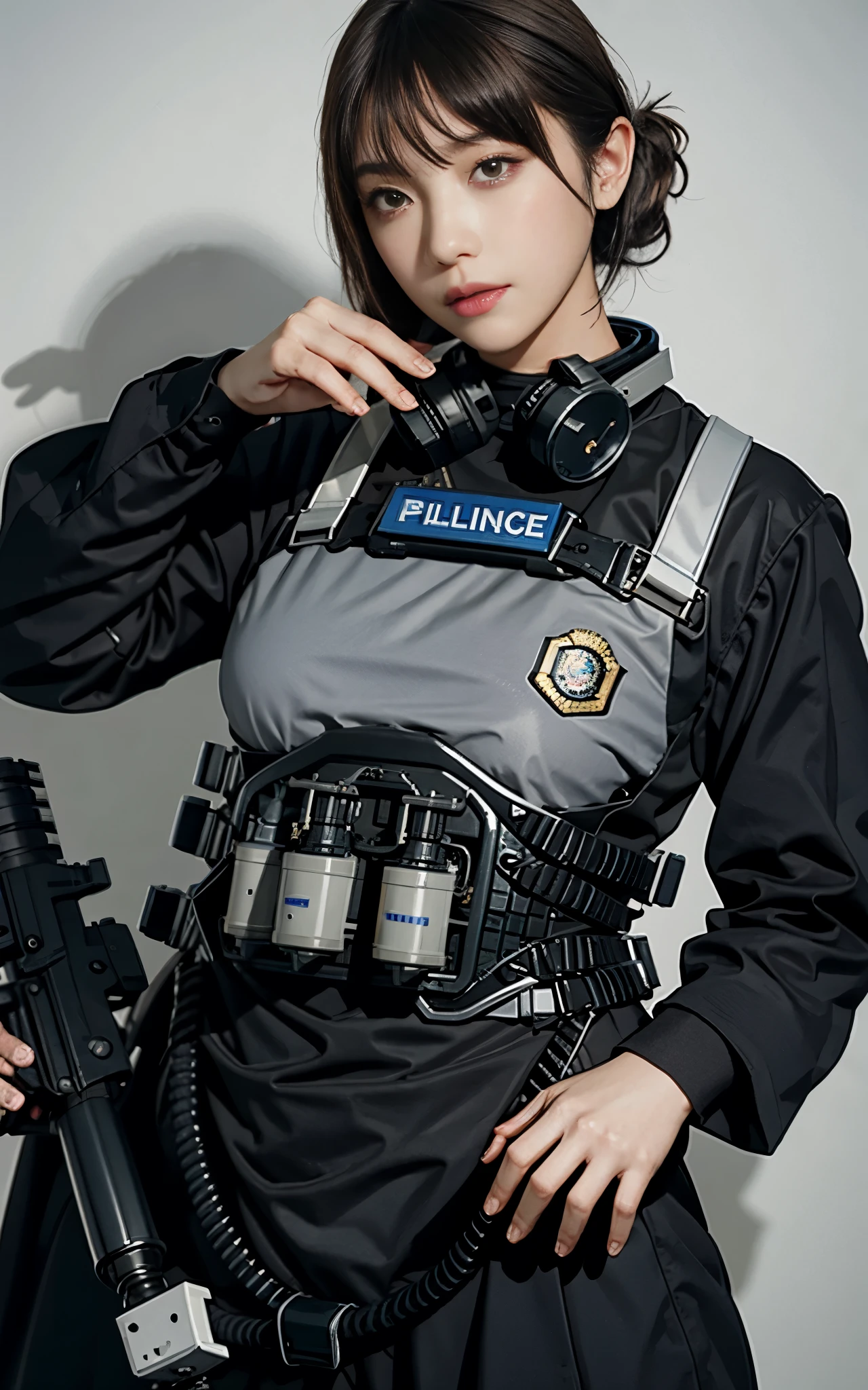 Highest image quality, outstanding details, ultra-high resolution, (realism: 1.4), ((close up:0.75)), highly condensed 1 lady, with beautiful and a delicate face, perfect proportion, aiming the viewer, ((aiming the viewer)), (chubby:0.3, small breasts), (cloths color base ratio black:0.4 white:0.5 other-color:0.1), (wearing rash-guard likes police uniform, black and gray mecha, wearing high-tech heavy gasmask, military harness, holding a machinegun, carrying hich-tech-flamethrower -tank on back), captain, background simple gray wall,