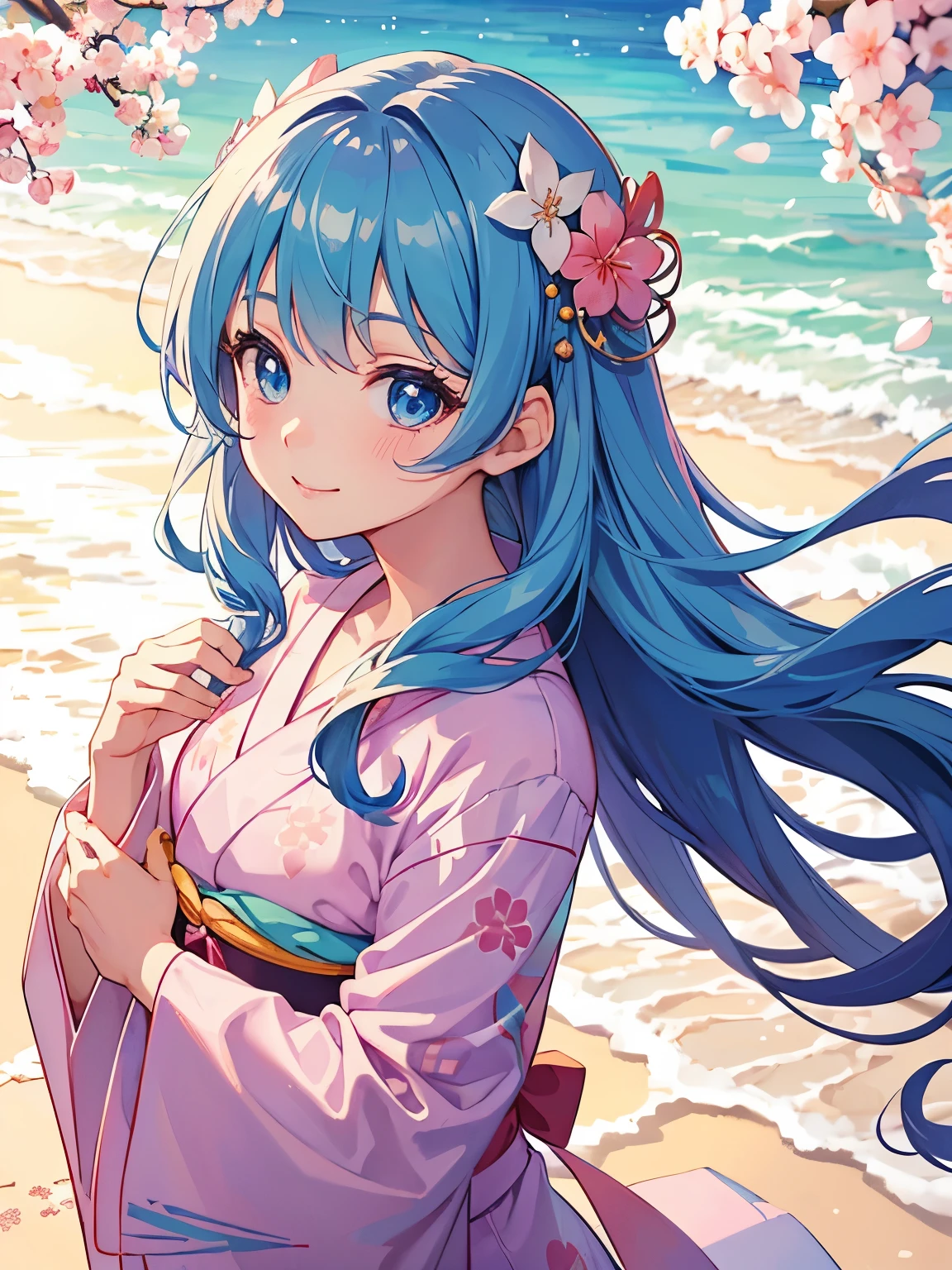 Beautiful face , hair , adorable body , cute anime girl potrait wearing cherry blossom theme yukata , adorable dazzling sea-blue eyes . Long eyelashes ,cute smile blushing cheeks