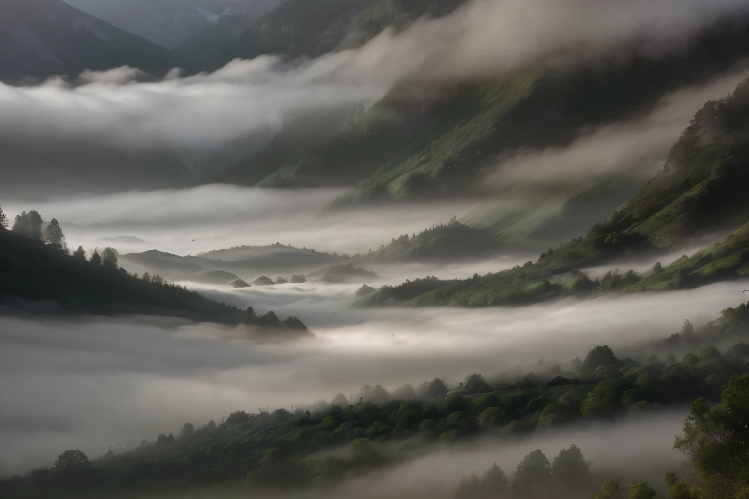 Misty Valleys: Valleys shrouded in mist, offering a sense of mystery and peacefulness as sunlight filters through the fog.