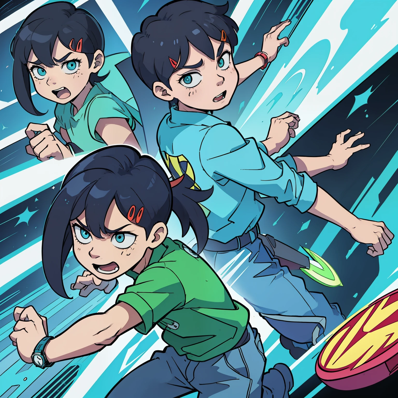 Ben 10: An ultradetailed, vibrant comic strip portraying the adventures of a boy named Ben Tennyson. His expressive facial expressions and dynamic poses narrate a humorous, whimsical tone, filled with action lines and speech bubbles. Each panel is intricately drawn with sharp focus, employing a Ben 10-specific cartoon style.

The backgrounds are detailed, featuring a mix of Retro and Futuristic Yet Lofi elements. Ben, with his iconic red and blue Omnitrix watch, is depicted in lustrous colors under studio lighting. The soft shadows add dimension, emphasizing the 2D side view perspective of each