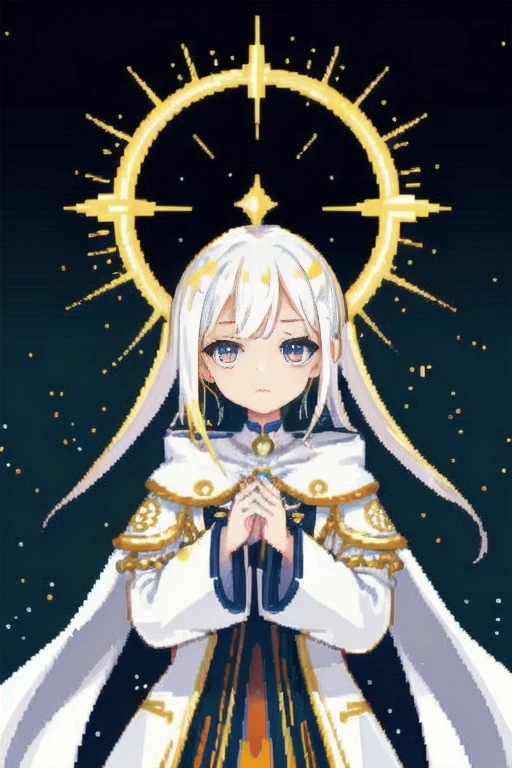 (Cosmetology and aesthetics: 1.2), (1 girl), extreme details, (fractal art: 1.3), colorful, best details, perfect face, Upper body, HDR, prayer, (Golden lines in a white cloak: 1.2), starry sky, shooting star, light stripe, surrealism.