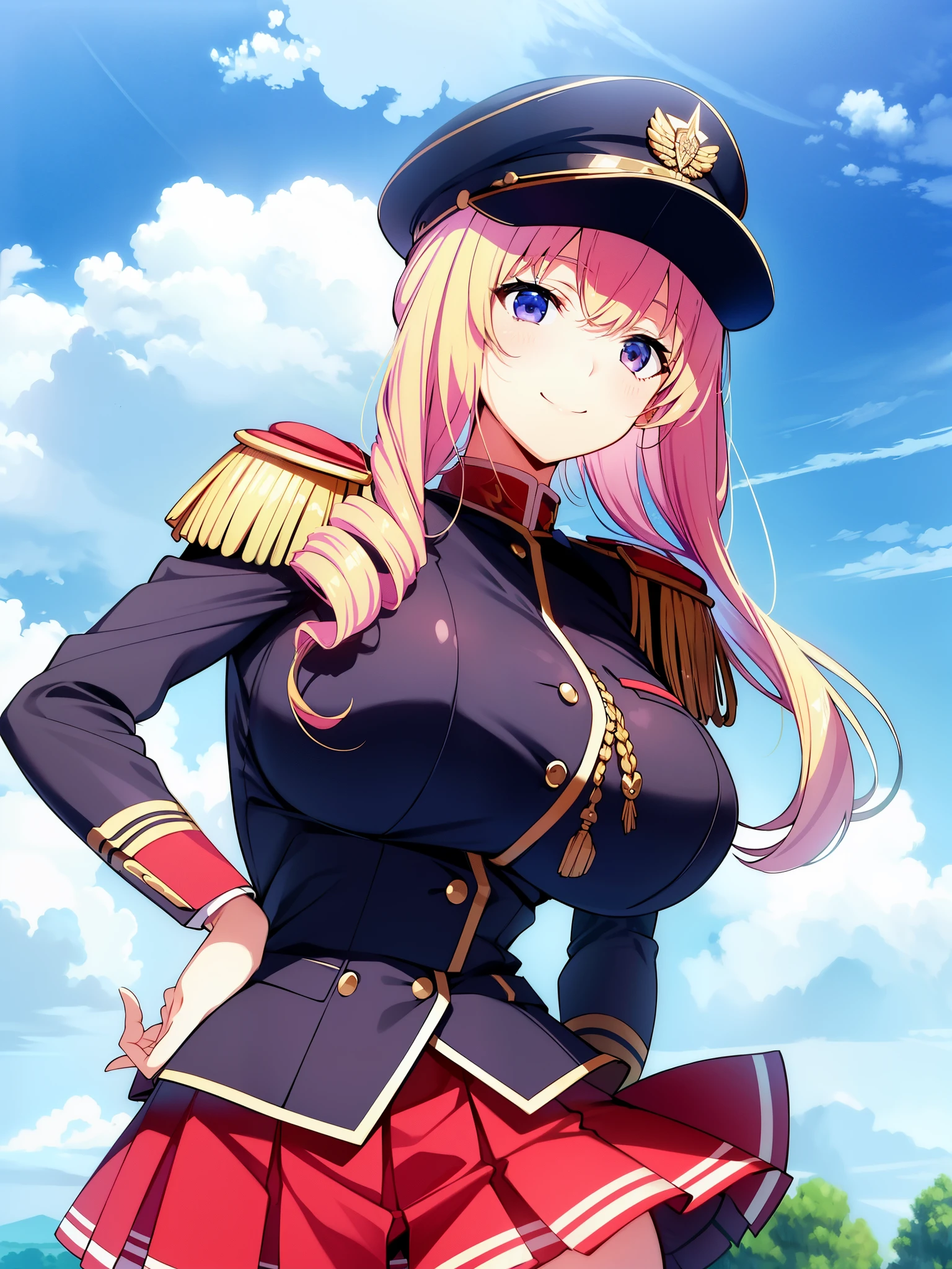 Walkure Romazze、,Bertille Althusser、epaulettes、uniform、pleated skirt、thigh high socks、big breasts、Viewer&#39;s perspective、Upper body、put your hand on your waist、smile、null、cloud