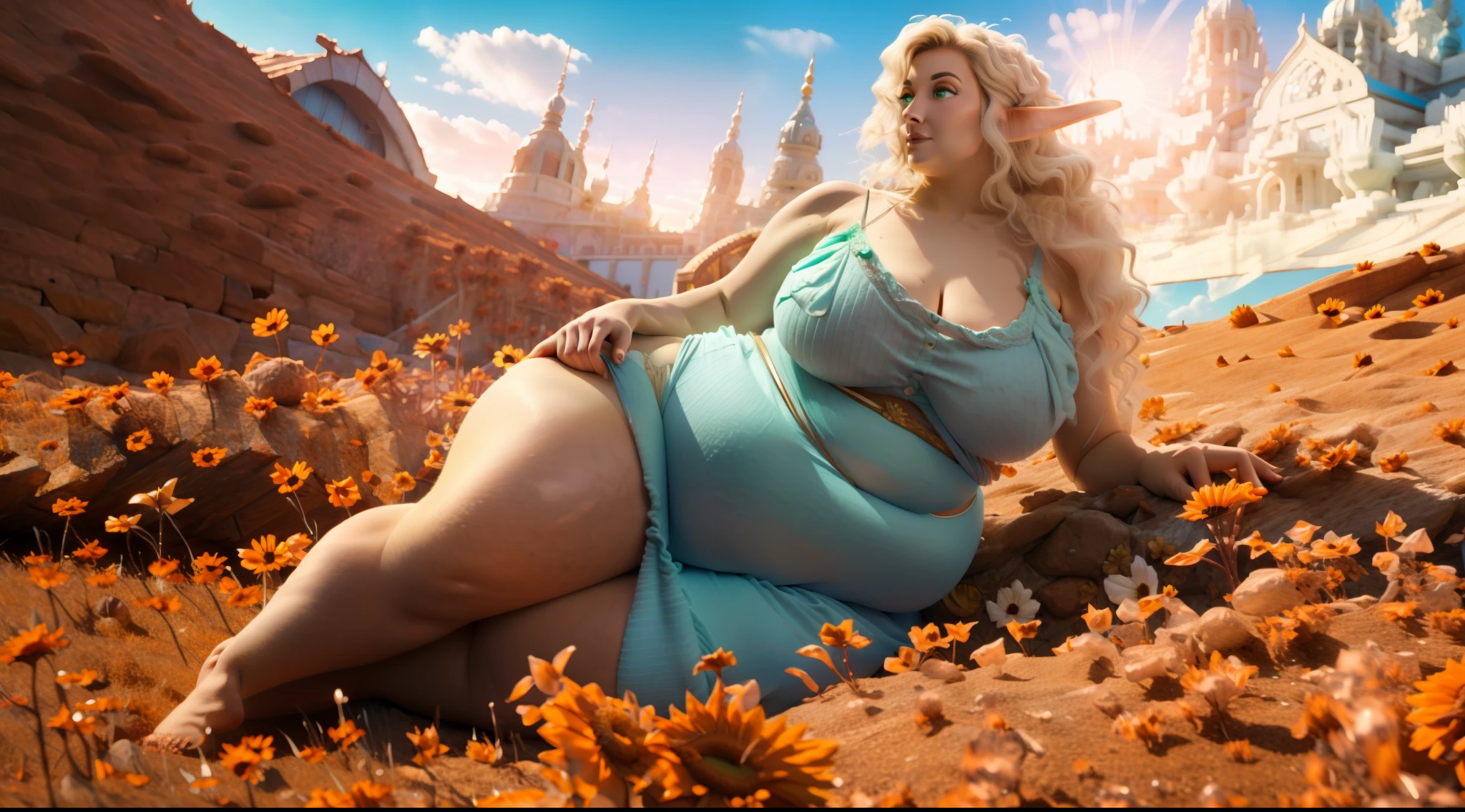 RULE_OF_THIRDS, movie trailer screencap(1 SSBBW supermodel ELF milf blonde, (hyper detailed mint green eyes), beautiful, gigantic fat legs, voluptuous, tight sun dress), solo, full body photo, beautiful fat feminine feet, barefoot, a dreamscape aesthetic in green theme atmosphere, mandala sunflower background, happy, flowers, (wallpaper style), cinematic, still shot, true perception, comfortable, picturesque sunset,