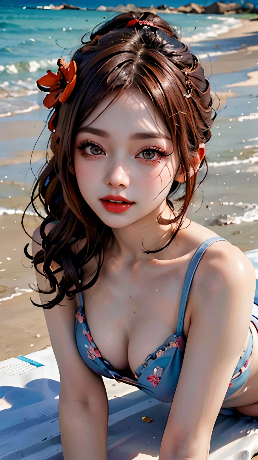 best quality，ultra high resolution，（lifelike：1.4），（Beautiful girl details：1.4），（：0.8），watching_exist_audience，Detailed facial details，Beautiful and delicate eyes，（reddish brown|pink hair），red eyes，thin and long，Smile，（cosmetic：0.4），red lips，（whole body，Lying down and kneeling，on all fours，beach），Very detailed clothes，on all fours的趴在beach上，Above the hips