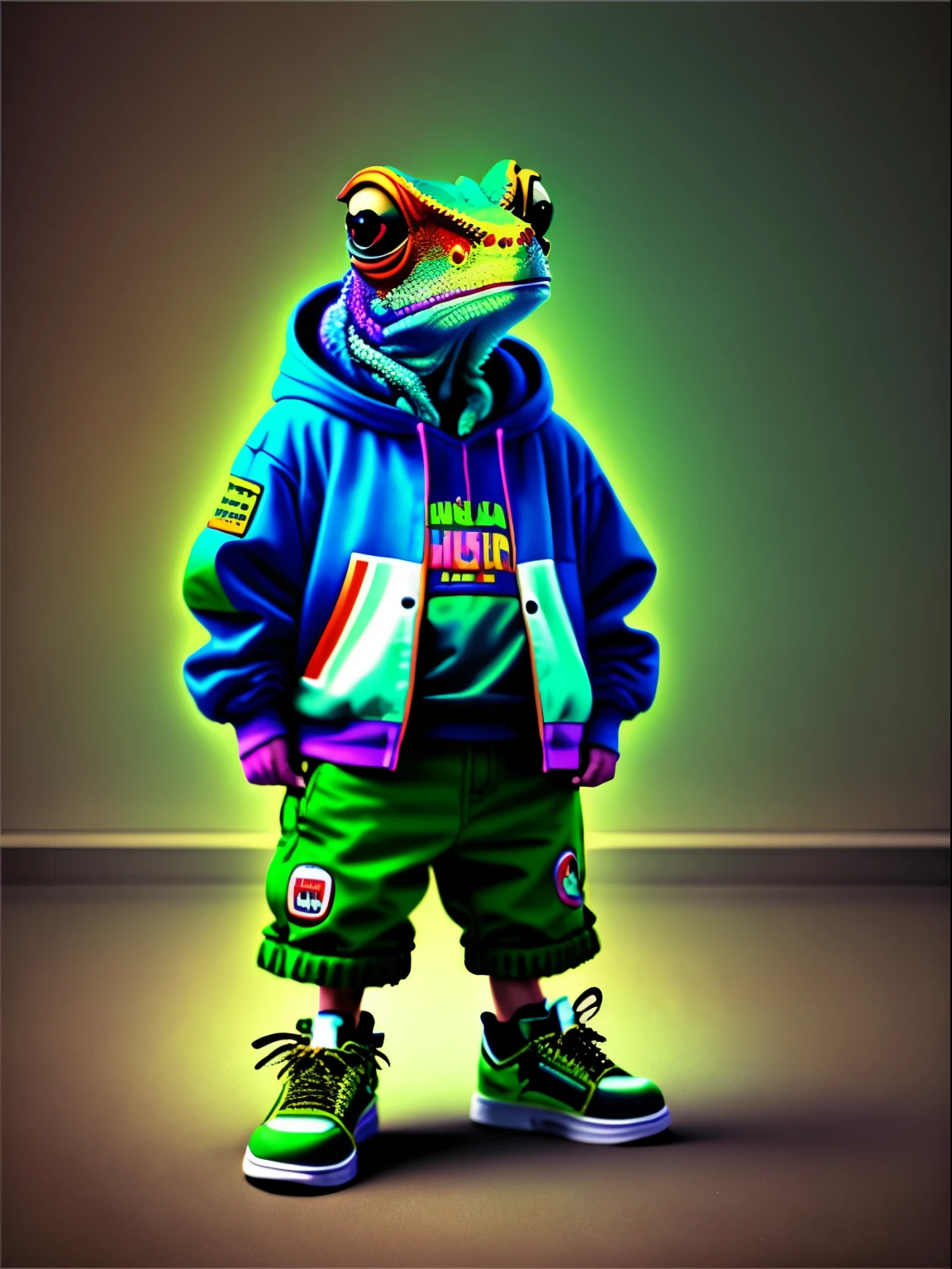 Image of a chameleon standing, wearing hip-hop style clothes, speakers, 90s style