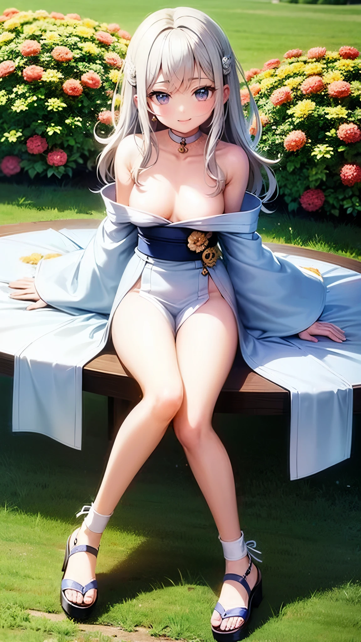 cute woman、cute face、cute smile、 、full body shot、80mm、well-shaped chest、lazy smile、bright kimono、garden、squirt、Cherry tree、slim body、medium long hair、beautiful and slim legs、Transparent white skin、Ordinary breasts、sitting with legs spread