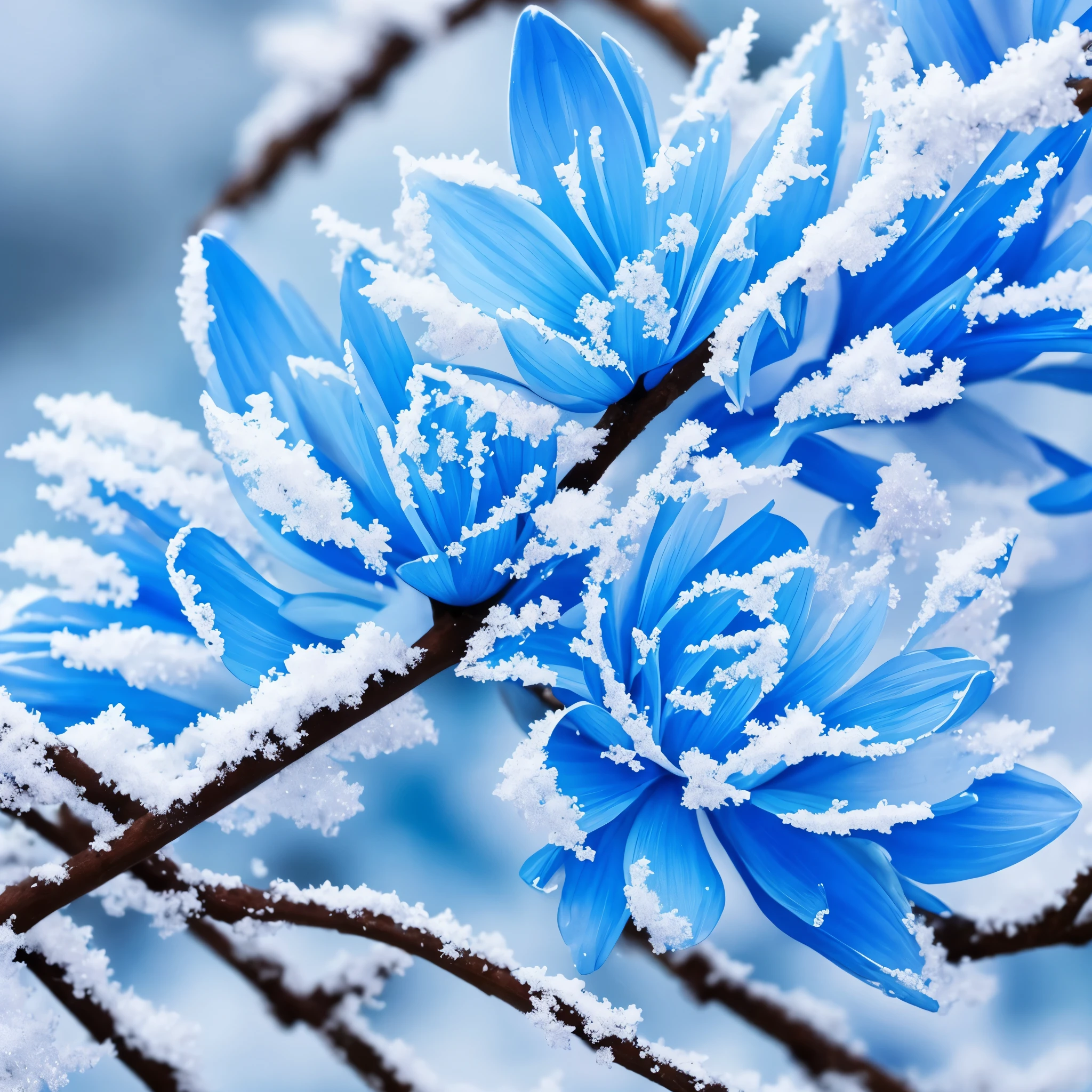 a close up of a flower on a branch with snow, wow it is beautiful, beautiful depiction, cold blue colors, beautiful art, extremely beautiful and ethereal, blues. beautiful, beautiful detail and color, blue flowers, beautiful!!!!!!!!!, beautiful!!! digital art, beautiful gorgeous digital art, very very beautiful art, beautiful flowers and crystals, incredibly beautiful, beautiful detail