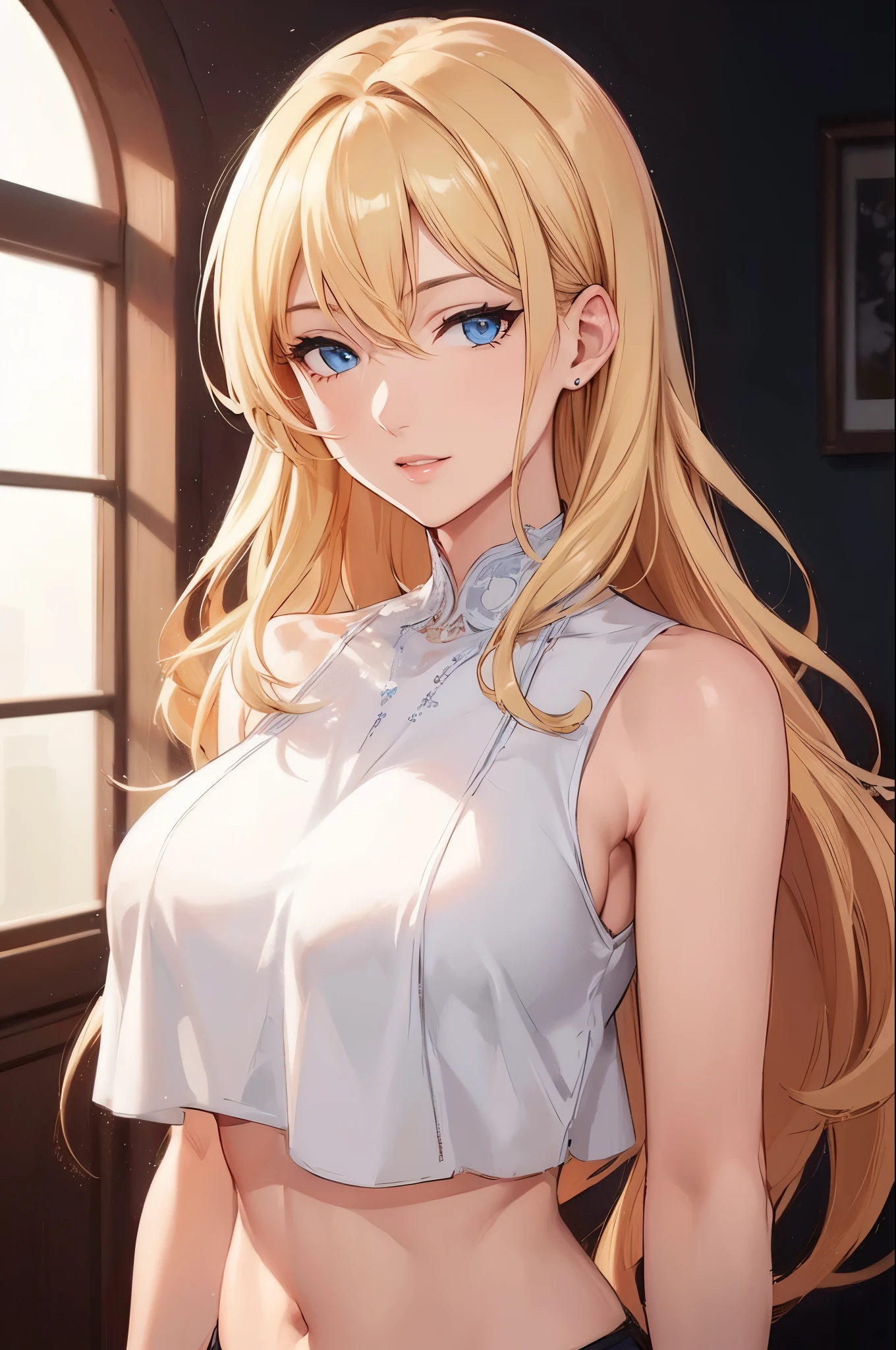 (best quality, highres), portrait, mature woman, blue eyes, long hair, swept-side bang, [[brown hair]], (blonde hair), big breast, high resolution cg 8k, beautiful cg