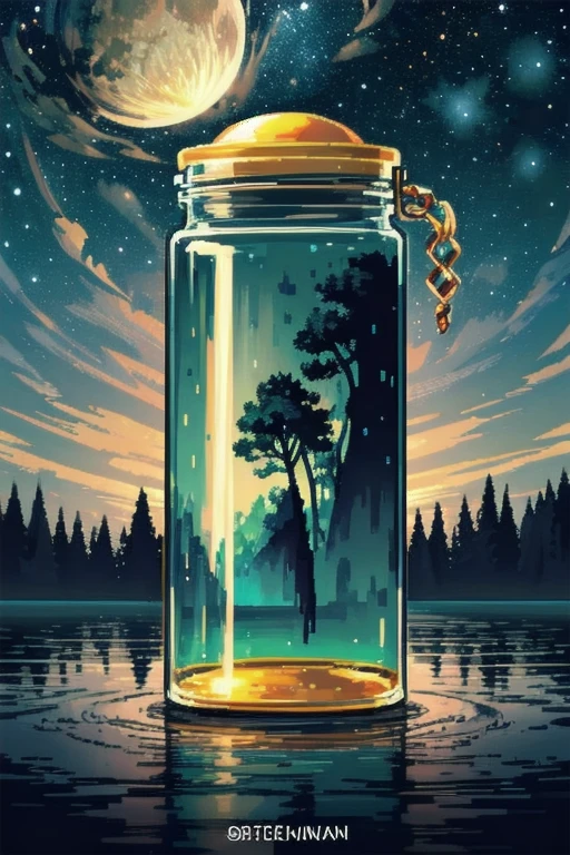 A huge jar containing a majestic lake , Very high quality and highly detailed scenes , octane rendering, starry sky , dream , huge green moon , Vought of Heaven , Inspiration, imagine