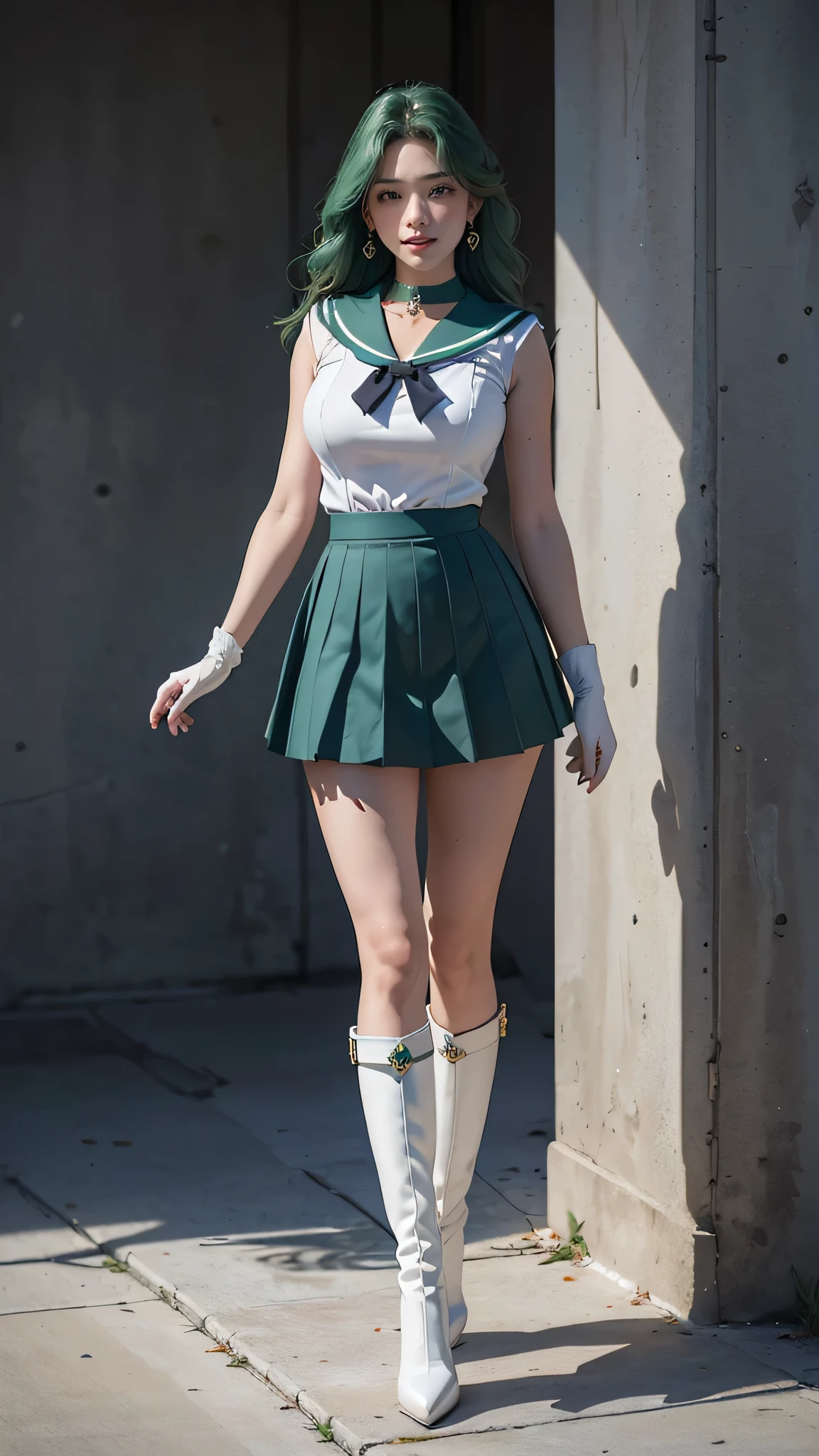 (masterpiece, best quality, realistically, Work, super detailed, 8k), ((Wide-angle lens, Full body female love)), 1 girl, Smile，sailor neptune, aqua eyes, dark green hair, medium hair, (Sailor Senji:1.1), pleated skirt, earrings, jewelry, White gloves, big breasts, full body portrait, White gloves, Sailor collar，white boots，front standing posture ，facing the audience，full body portrait，gray background，best quality, masterpiece, high resolution, intricate details, (( actual )), photographic,