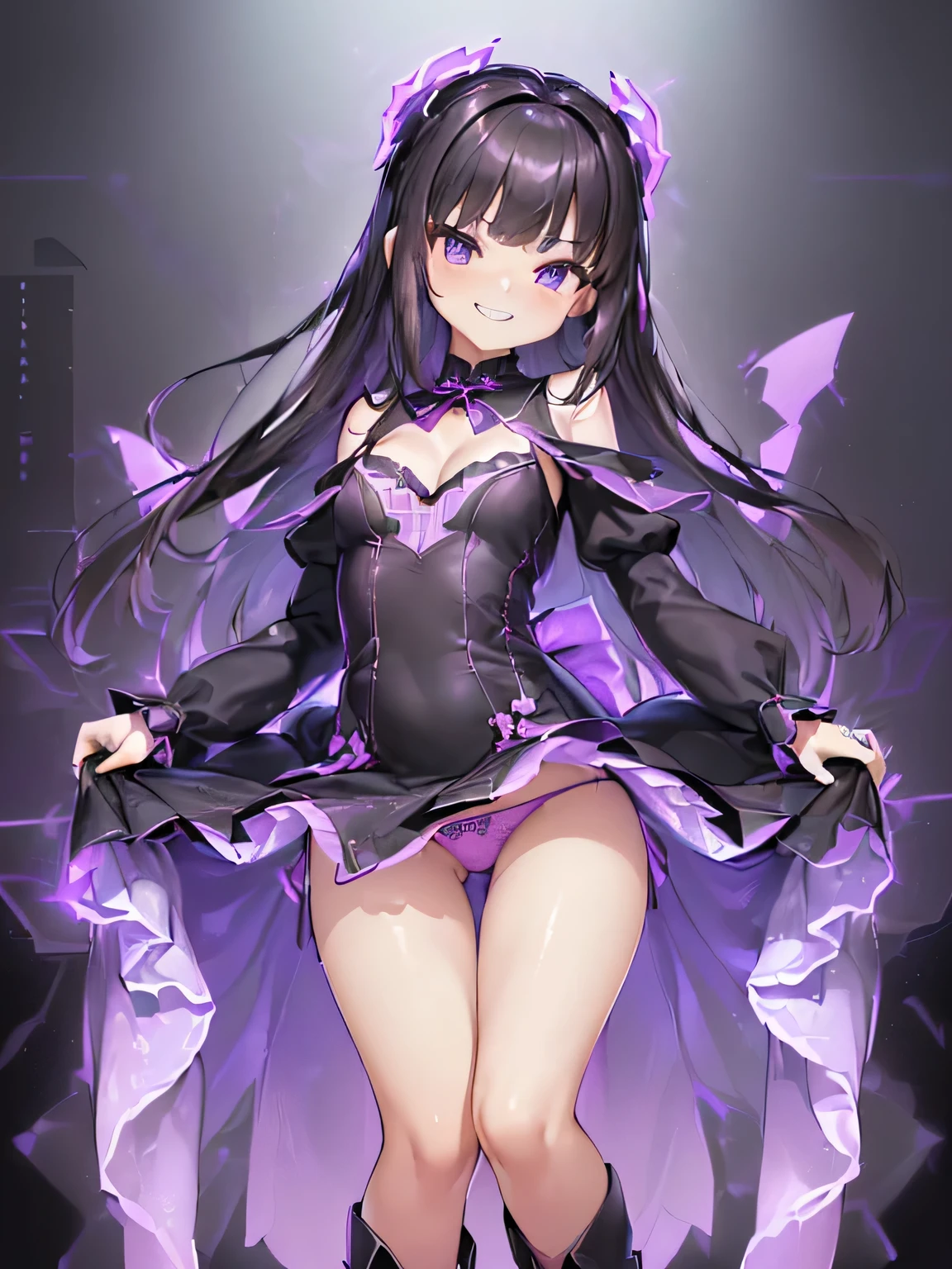 (masterpiece、highest quality、High resolution、realistic pictures、real looking skin:1.1), (She is rolling up the hem of her dress by herself..:1.8), (Iのパンティー々I'Iはそれを人に見せています:1.8), (Pants with a flashy pattern other than black: 1.8), (She is wearing a purple mini dress with long sleeves that emphasizes her body shape.。.:1.8), (There is a small gap in the chest of that dress.、I can see the cleavage.:1.5), (It'dress to wear every day.:1.8), (black western boots:1.5), (provocative and grinning expression:1.5), (Are standing:1.5), (The place is a park:1.5), (full body figure:1.5) 1 Japanese woman, beautiful eyes, shining eyes, brown hair, medium long hair, OL, NSFW