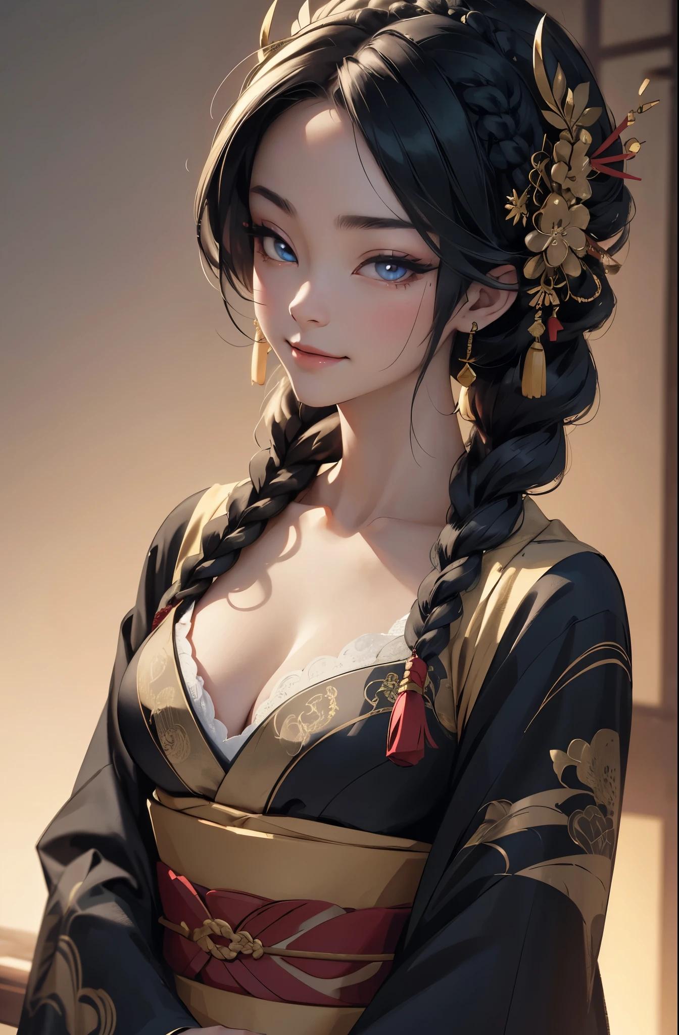 Beautiful wicked smiling Asian, a very busty ronin wearing gold lace kimono, Meiji restoration, emerald eyes, yojimbo, HD, UHD, braided hairstyle, large anime eyes, realistic eyes, highly detailed eyes, natural skin, natural skin texture, subsurface scattering, muted colors, perfect face, perfect eyes, perfect full lips, vivid, cinematic, Film light, Hyper detailed, Hyper-realistic, masterpiece, atmospheric, High resolution, Vibrant, High contrast, dark angle, 8k, HDR, 500px, 