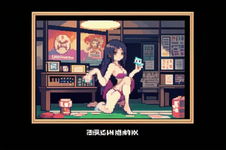 Pixel art on the screen showing a beautiful woman playing undressed mahjong