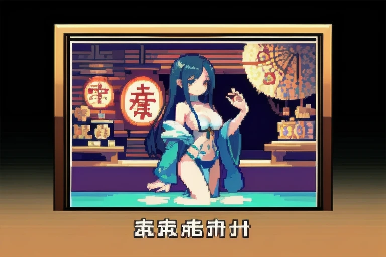 Pixel art on the screen showing a beautiful woman playing undressed mahjong