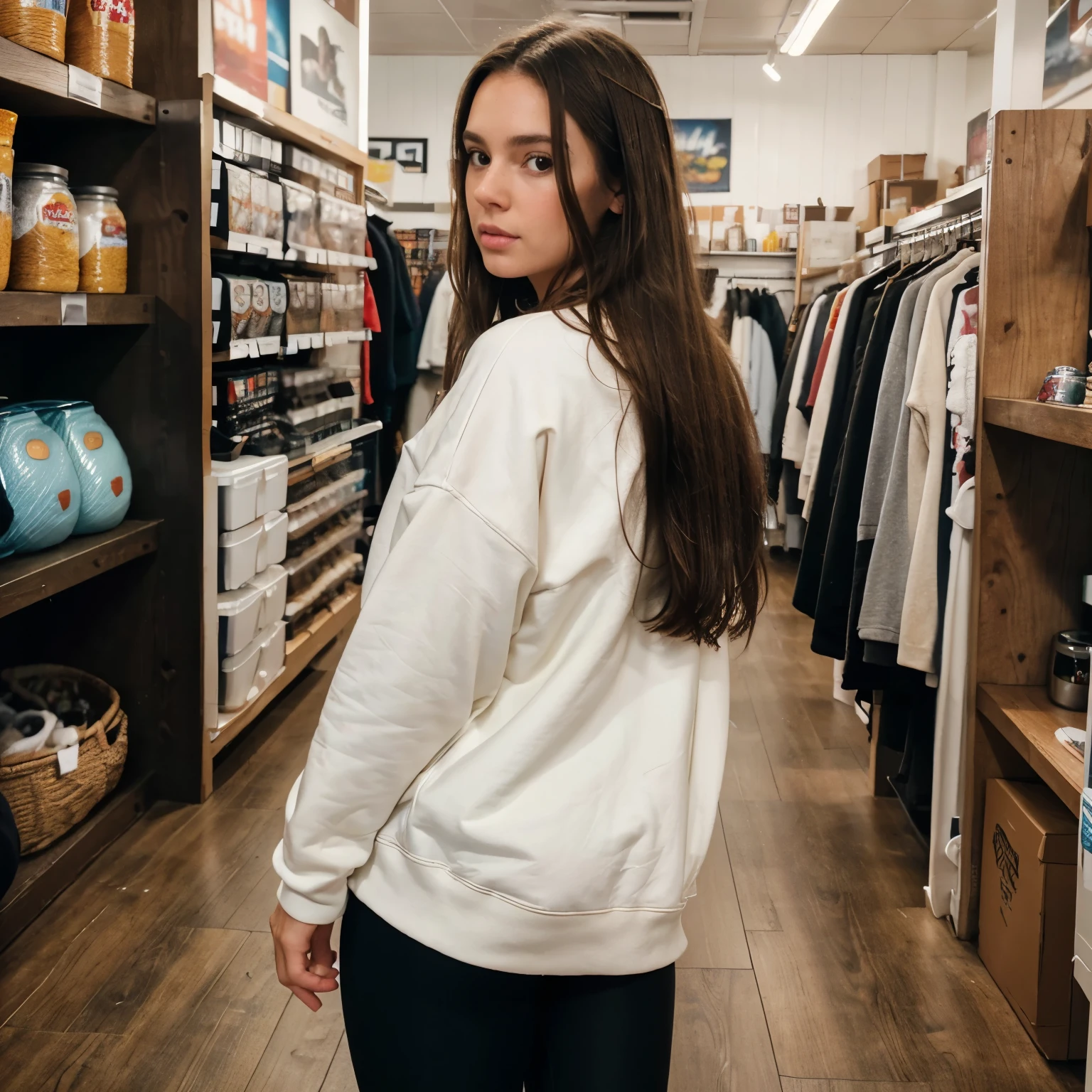 RAW photo. far camera shot. whole body in frame. side view. facing away from camera. walking into a fishing store. not looking at the camera. wearing an oversized sweatshirt. puffy sweatshirt. black leggings. white shoes. 21 year old brunette. long hair. light brown hair. hyperrealistic face. not looking into the camera. imperfect skin.