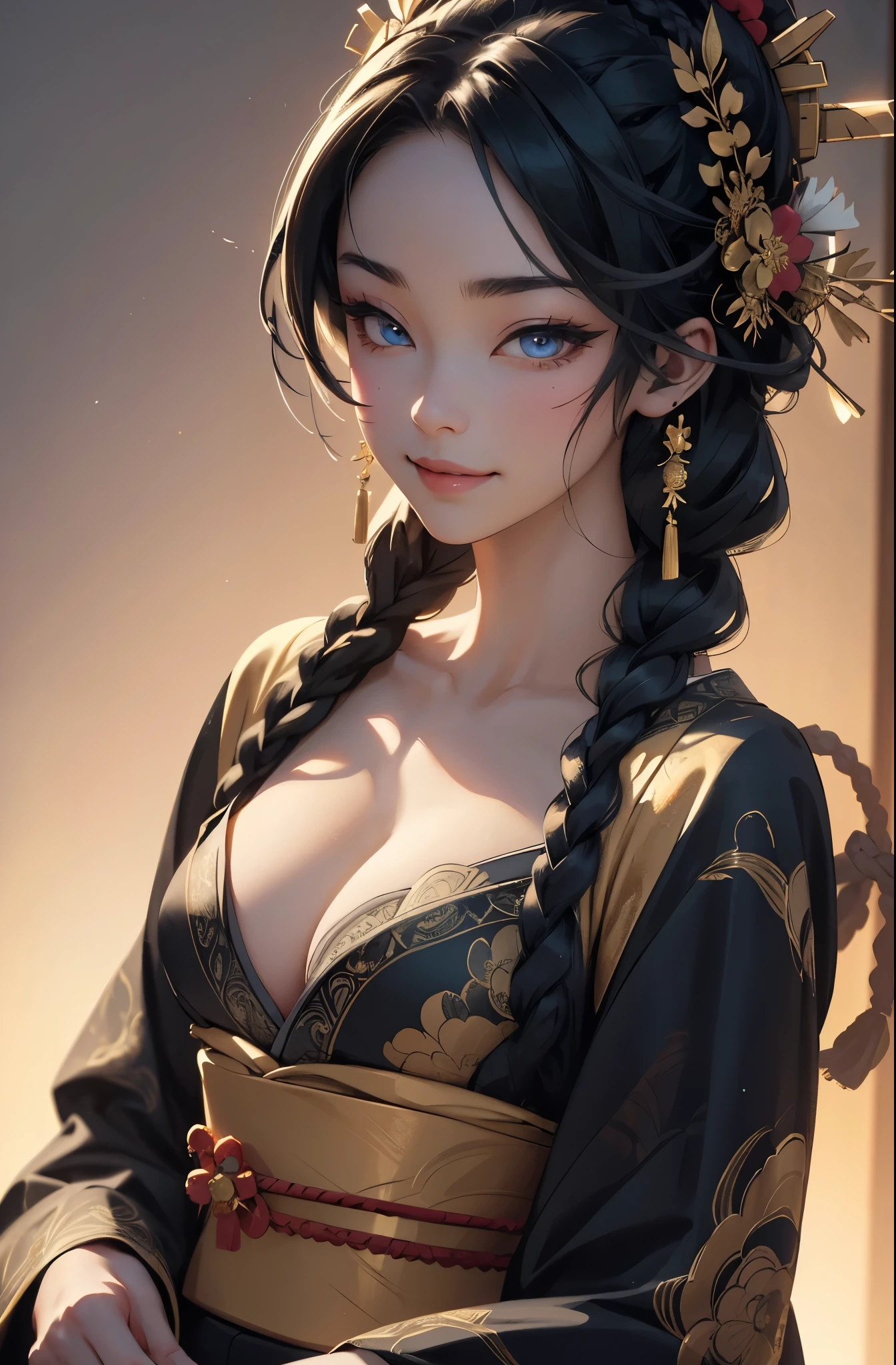 Beautiful wicked smiling Asian, a very busty ronin wearing gold lace kimono, Meiji restoration, emerald eyes, yojimbo, HD, UHD, braided hairstyle, large anime eyes, realistic eyes, highly detailed eyes, natural skin, natural skin texture, subsurface scattering, muted colors, perfect face, perfect eyes, perfect full lips, vivid, cinematic, Film light, Hyper detailed, Hyper-realistic, masterpiece, atmospheric, High resolution, Vibrant, High contrast, dark angle, 8k, HDR, 500px, 