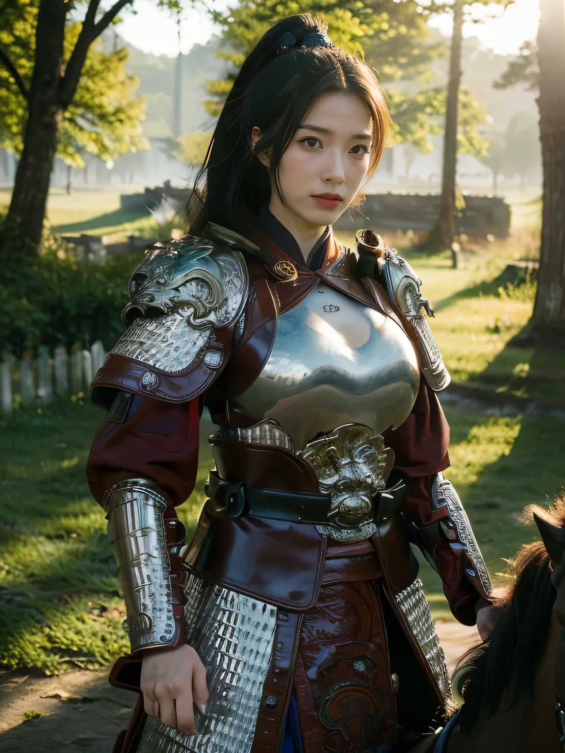 masterpiece,Best quality,HD quality,face close-up,Detailed sculpting of eyes,A high resolution,8K,Ancient battlefield background, ((field:1.8)),(Female generals on the battlefield in the Han Dynasty),(mounted on a horse),18-year-old girl,(long ponytail hairstyle),cparted lips,Full and erect breasts,Noble and charming,Elegant and serious,Chinese armor,sword, Chinese architecture, Brown cape,,The combination of white metal and red leather,chest armor,metallic luster,Leather buckle,Exquisite pattern,mysterious badge,Cool and gorgeouig breasts)),Chest groove,Three Kingdoms character painting style,Photo pose,oc render reflection texture,charming smile,Head-up shot,bright afternoon,woodland background