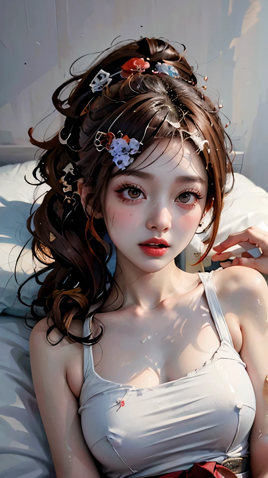(((masterpiece)))、(((portrait)))、1 girl,lying flat on bed,Reddish-brown hair、curls、ponytail,red headdress、red eye、diffuse light、Dynamic shadows、sharp focus、reality、meticulous、high resolution、entertaining、White background、Not worn, lifelike, lifelike, Soaked all over, mascara, blush, sleeveless, youthful appearance, urine stains, White, armpit, Face full of soap bubbles,shot on the body,Shoot in the face,, 大量White肥皂泡,Open your mouth,Sticking out tongue,blush,expression of enjoyment,Confused,Above the hips