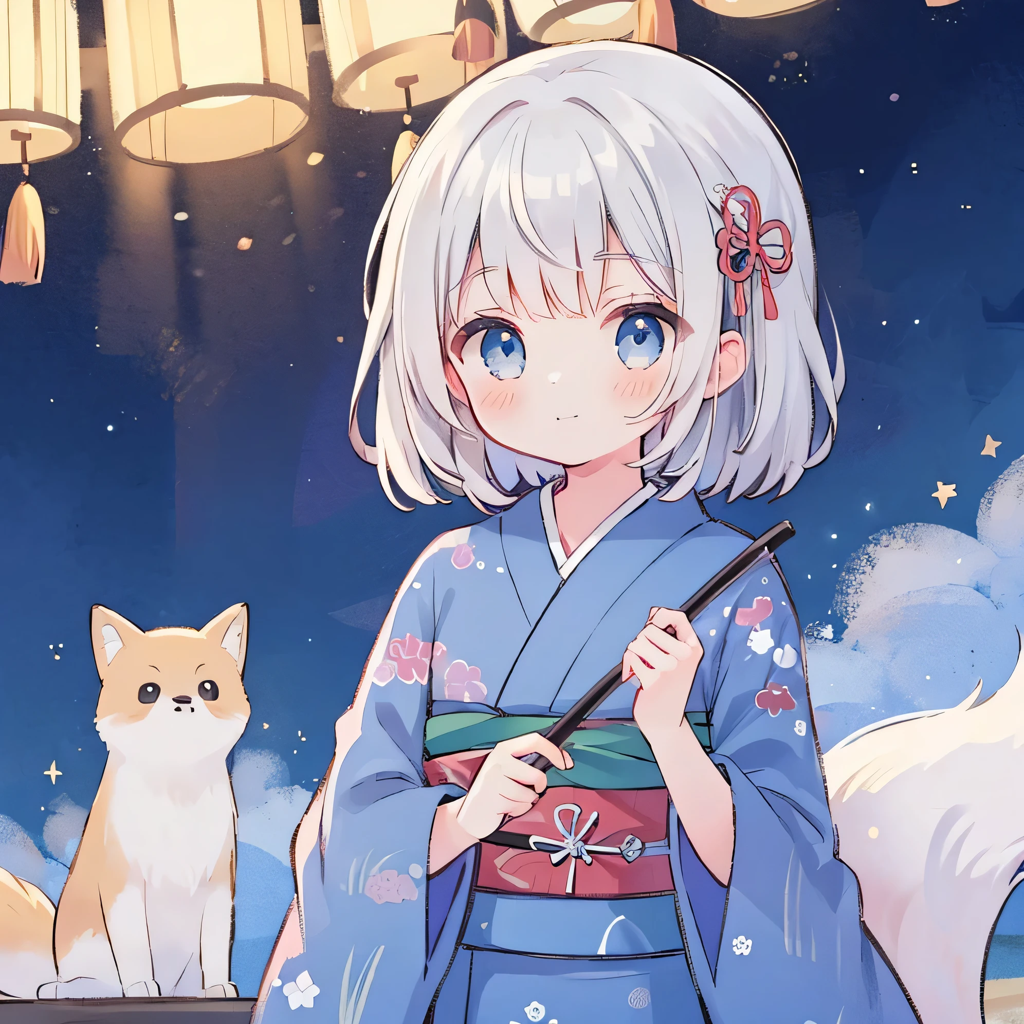 highest quality,Fox,kimono,night,Star background,gray hair,blue eye mystery,one girl